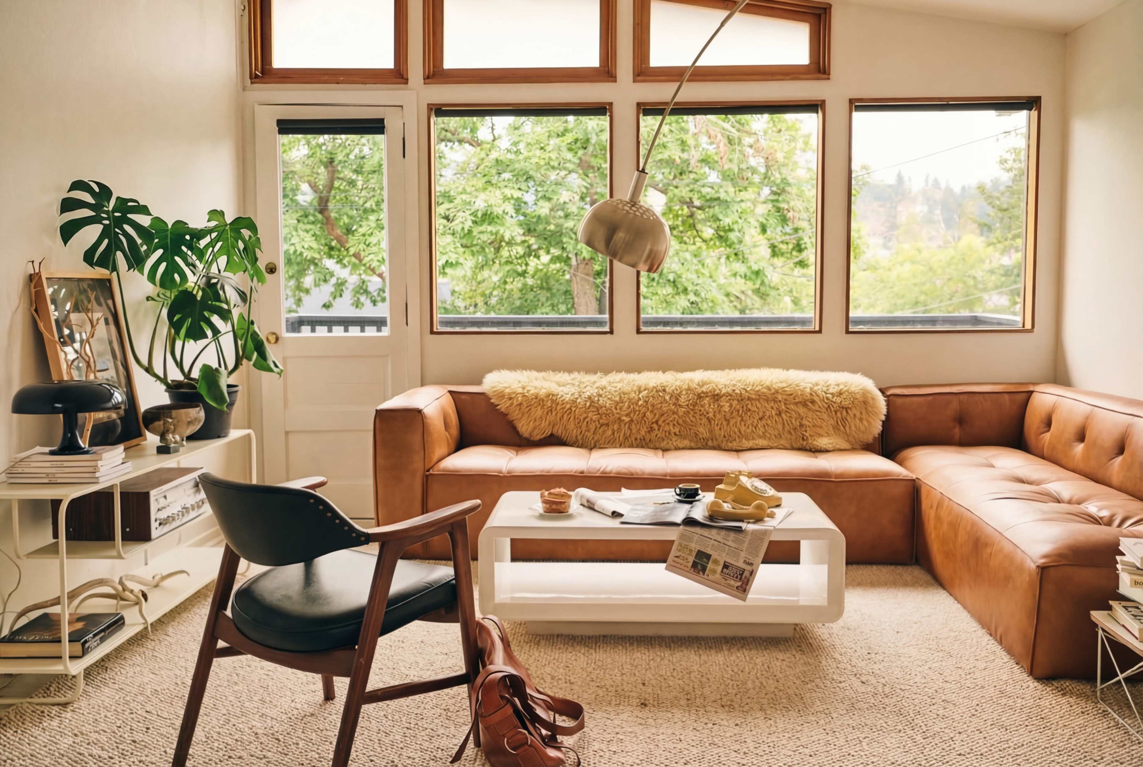 The image shows a cozy living room with large windows, a brown leather sofa, a white coffee table, and a stylish chair, all surrounded by greenery outside.