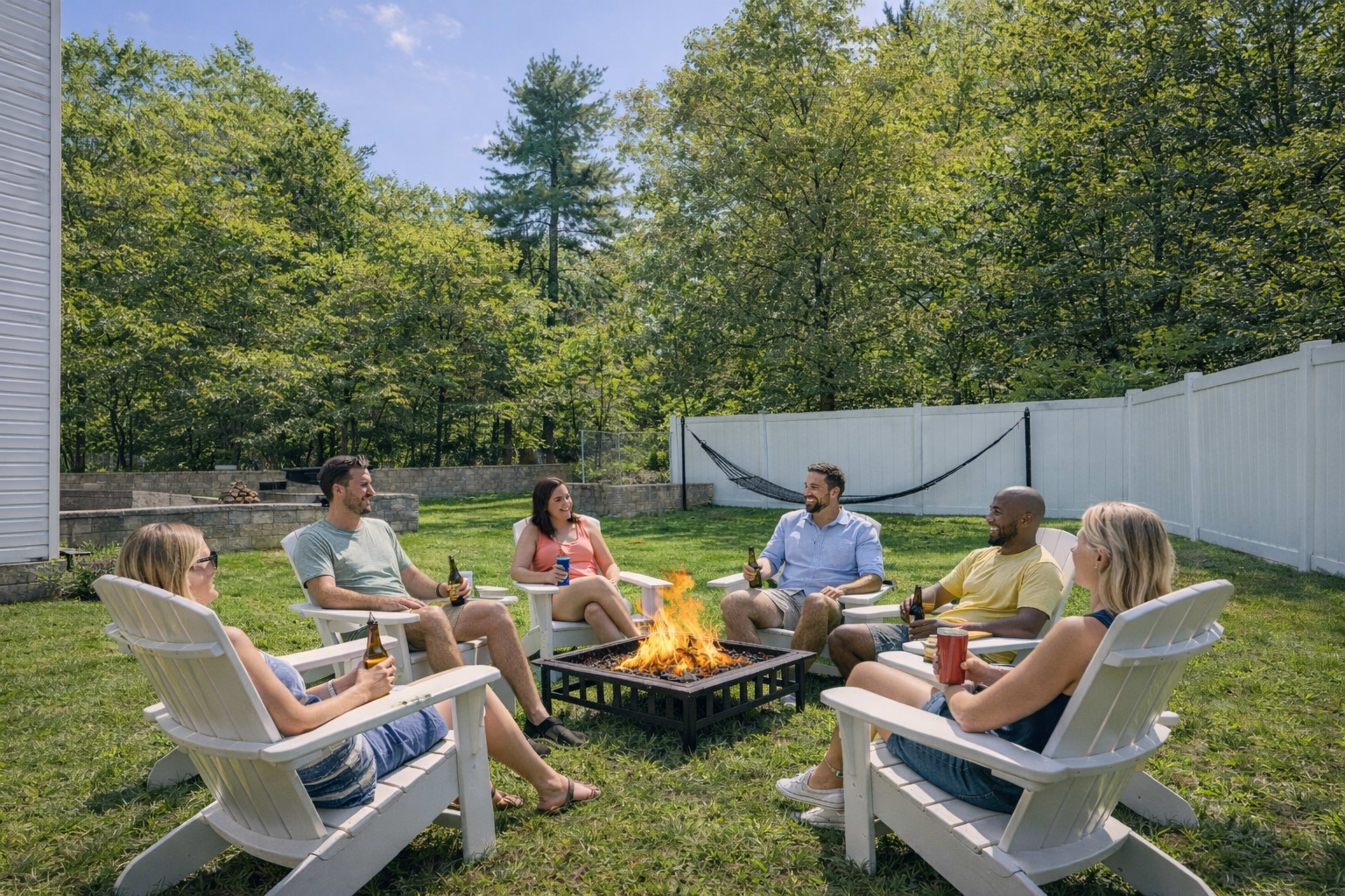 A group of six people sits around a fire pit in a backyard, enjoying drinks and conversation on a sunny day.