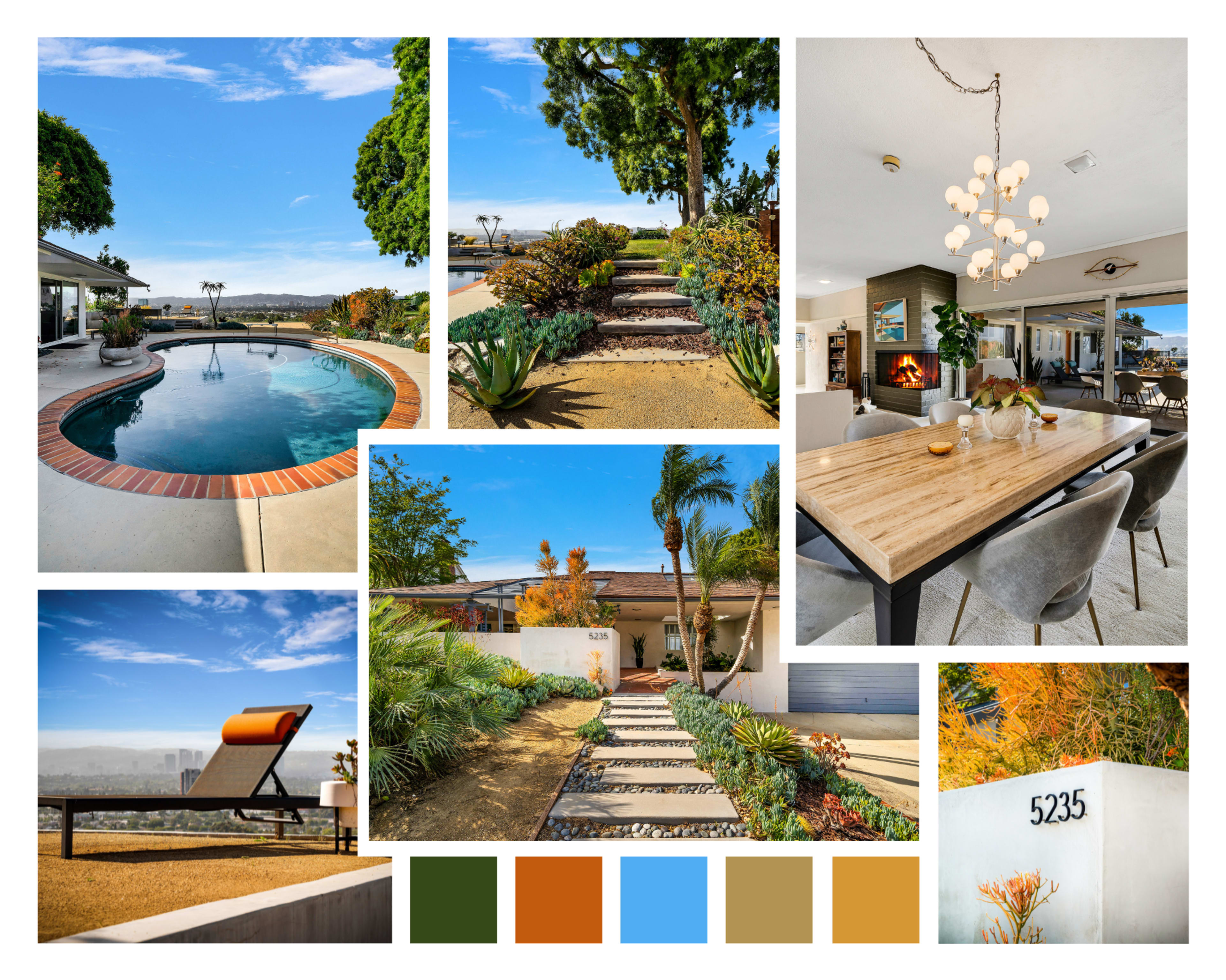 The image showcases a modern home with a pool, landscaped gardens, and various indoor and outdoor living spaces.