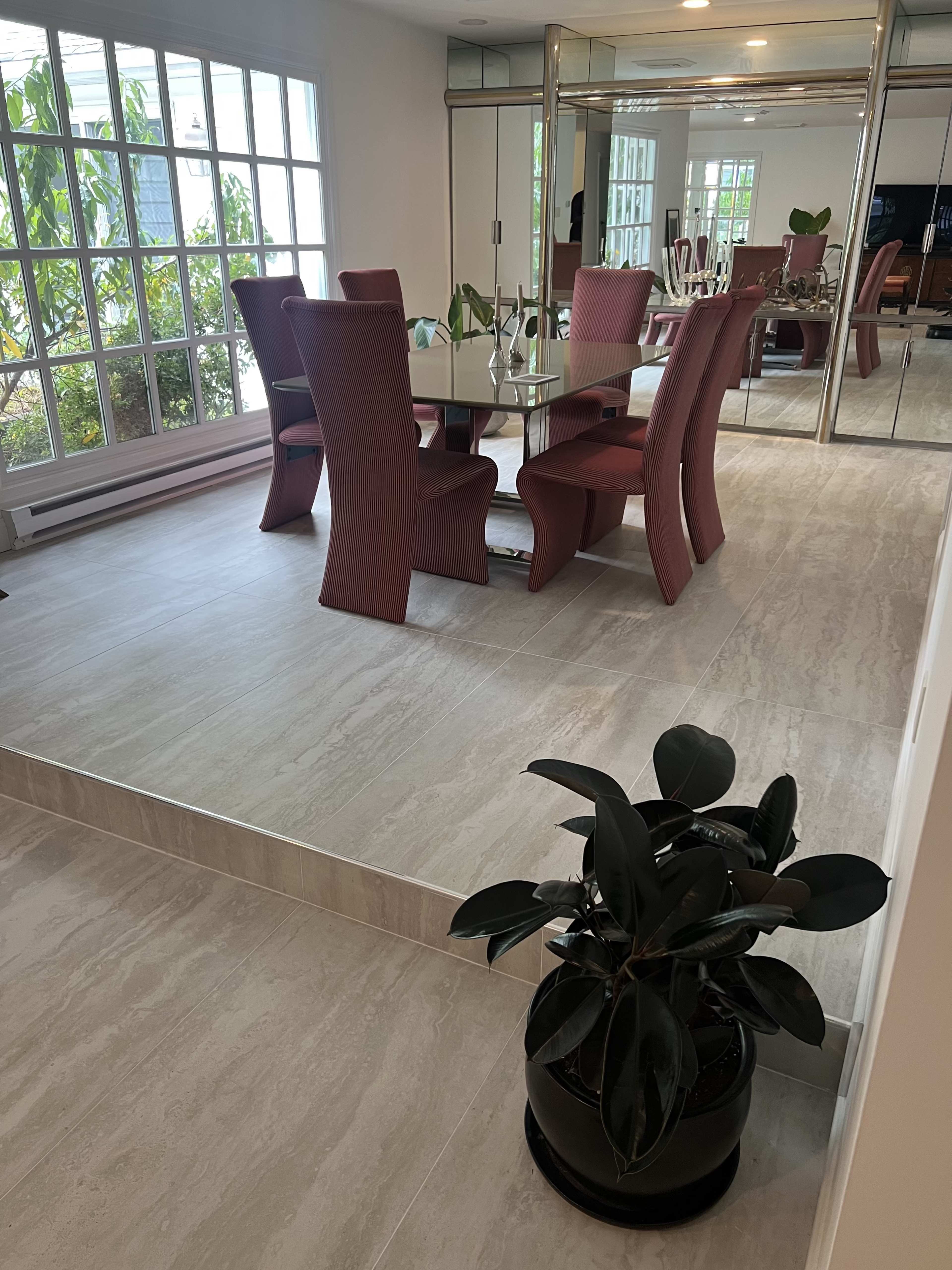 A dining area features a glass table surrounded by red chairs, with a large potted plant on the floor and large windows allowing natural light.