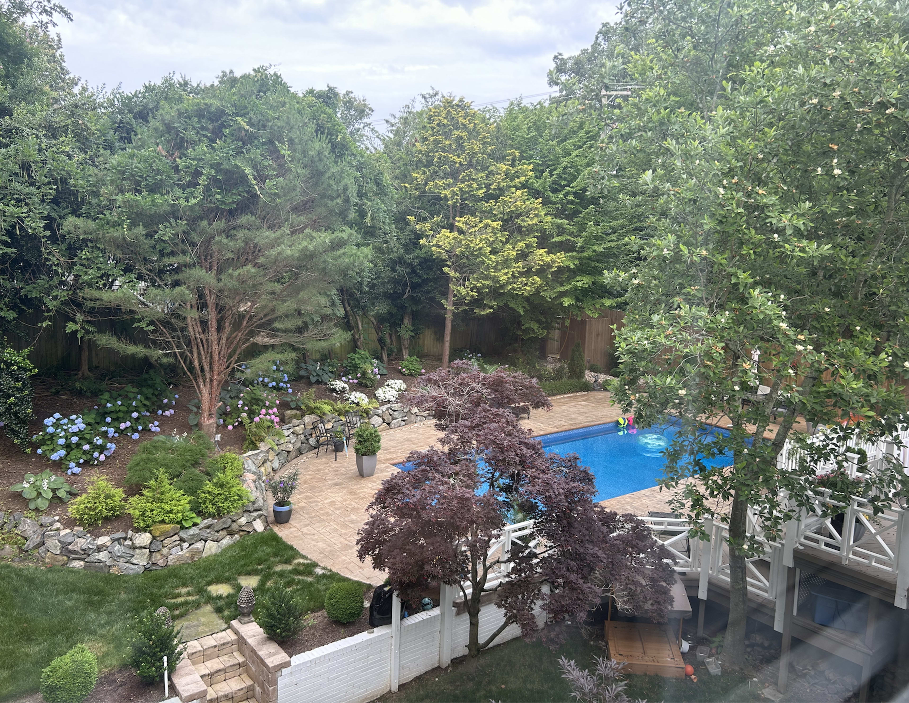 A backyard features a swimming pool surrounded by trees, flowering plants, and a patio area.