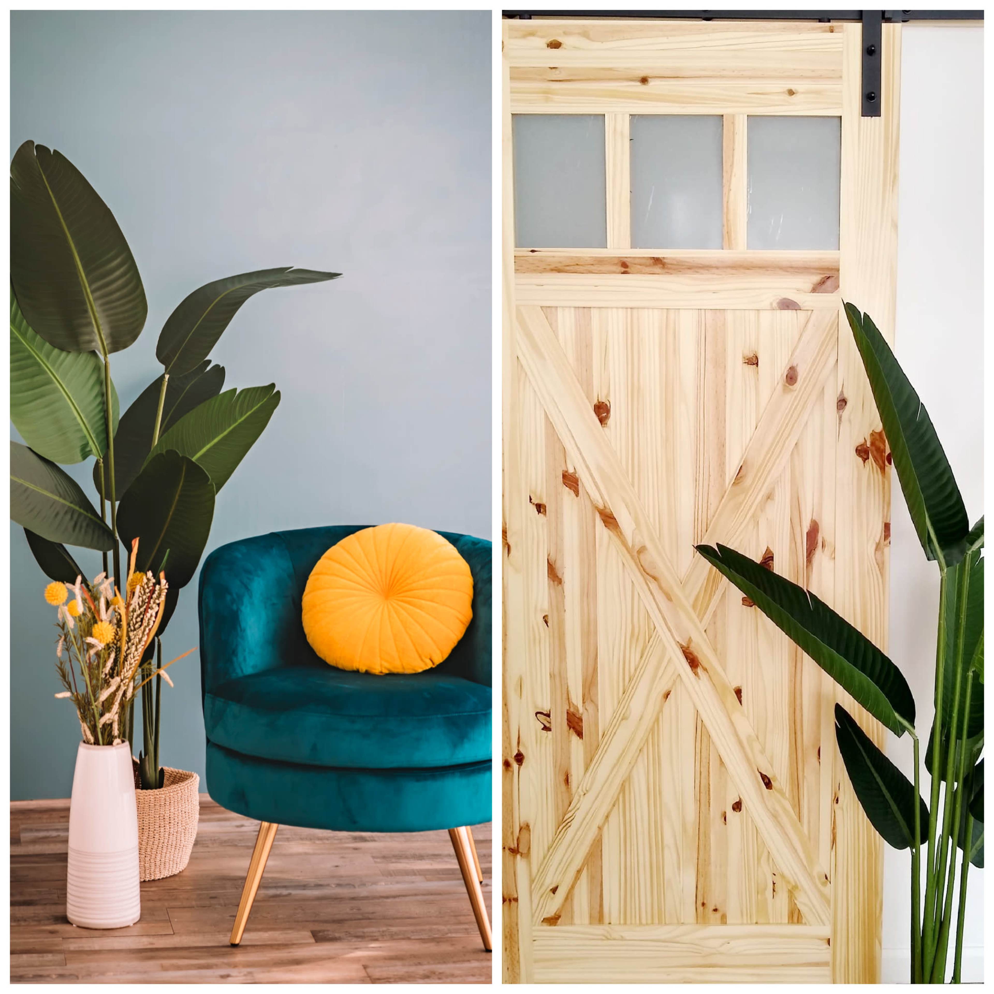 The image features a teal velvet chair with a yellow cushion next to a wooden barn door and tall green plants.
