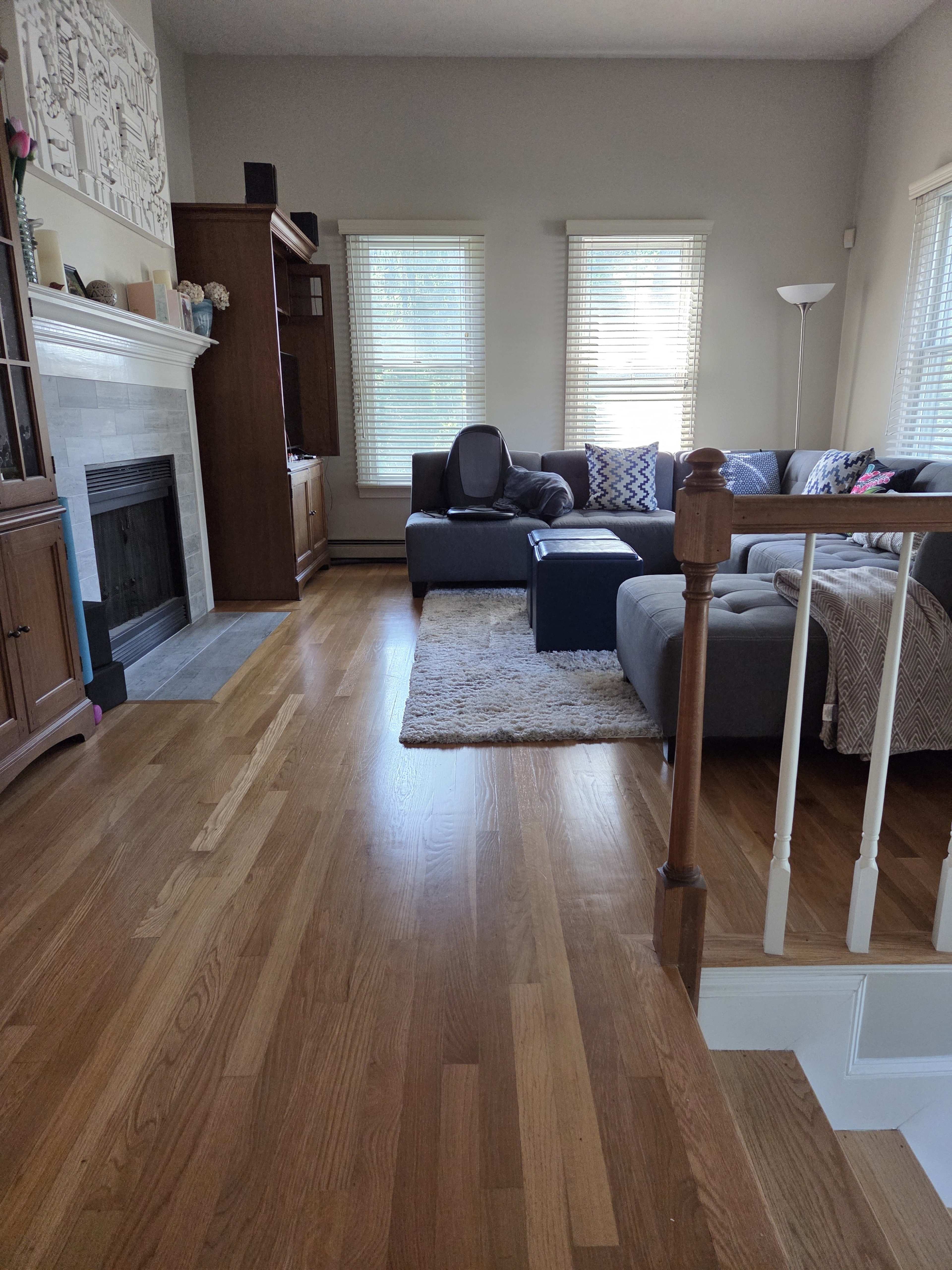 The image shows a living room with a fireplace, a couch, and wooden flooring, illuminated by natural light coming through the windows.