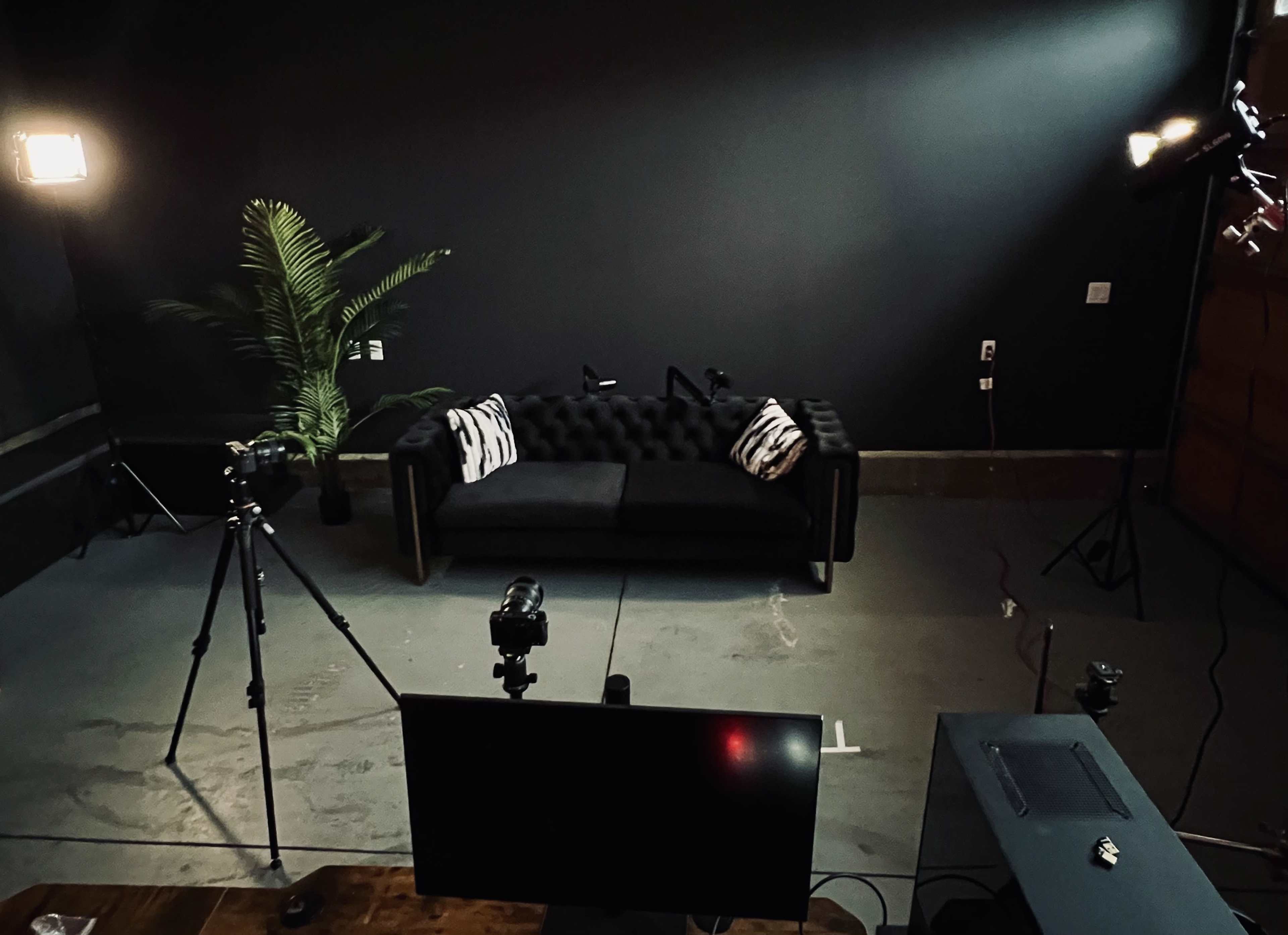 A dimly lit studio setup featuring a black couch with patterned pillows, a large plant, and several cameras on tripods.