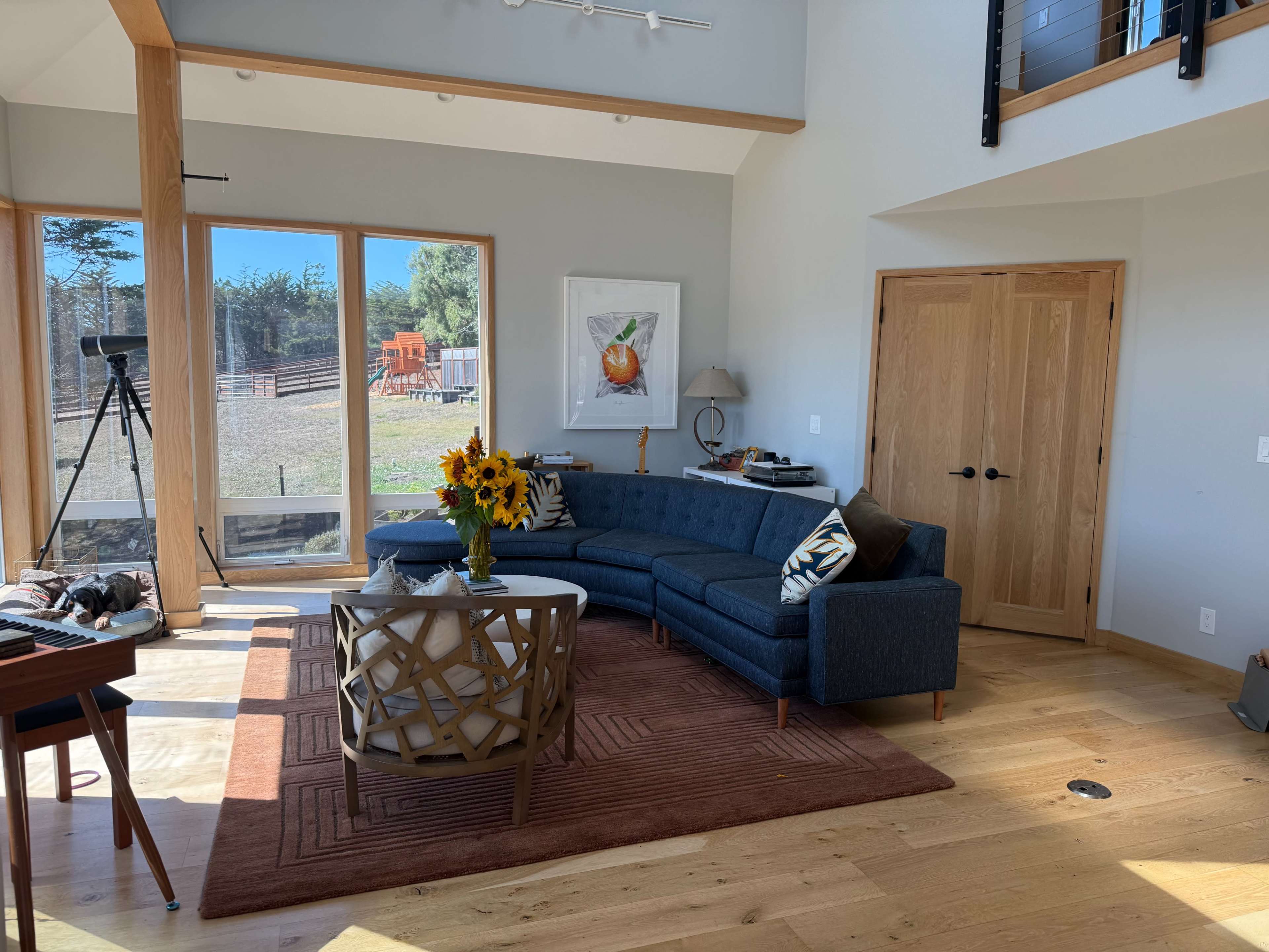 The image depicts a bright, modern living room featuring a blue sectional sofa, a circular coffee table, and large windows overlooking a grassy area with trees.