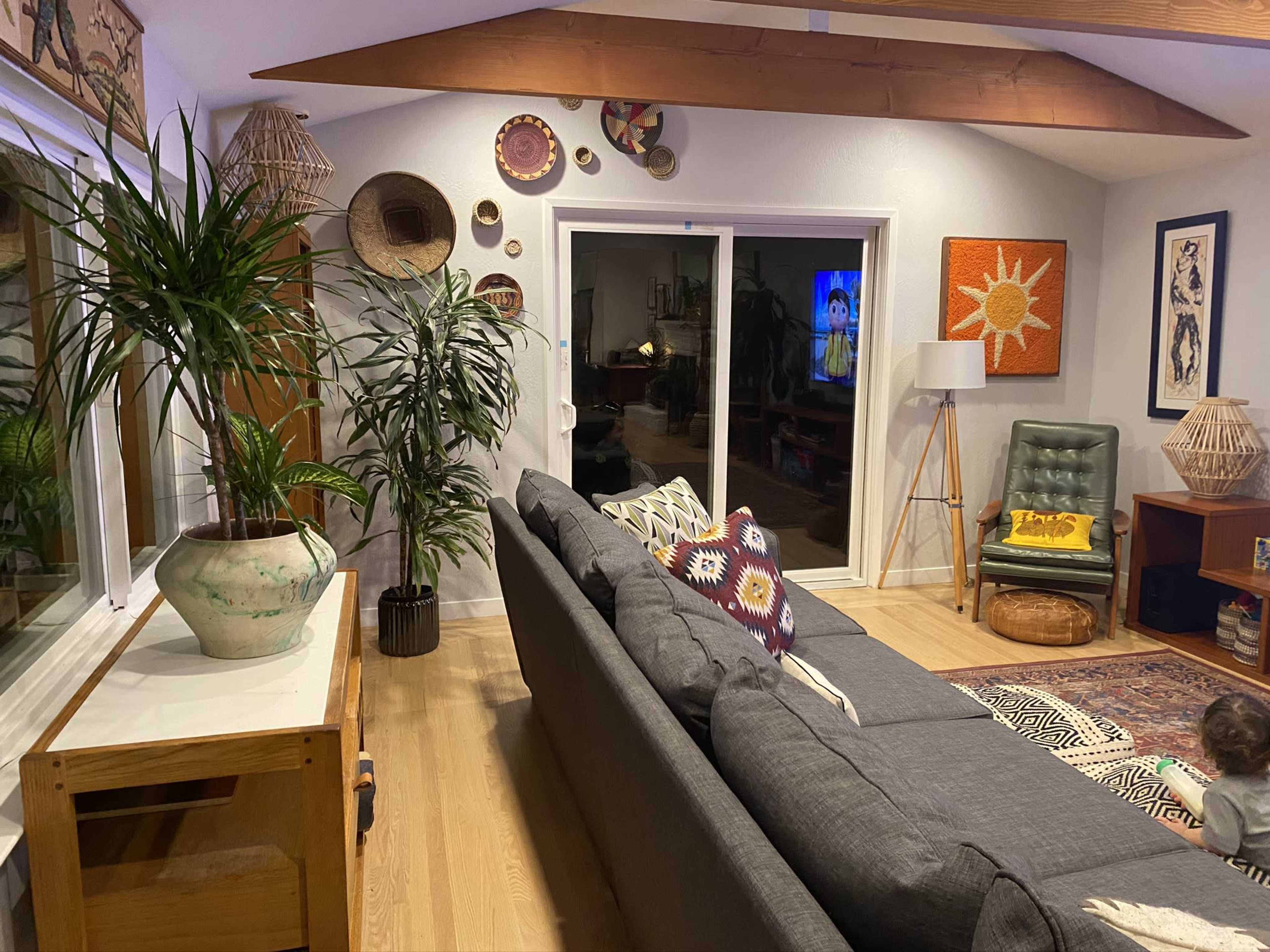 A modern living room featuring a gray sofa, decorative plants, and various wall art, including baskets and framed pictures.