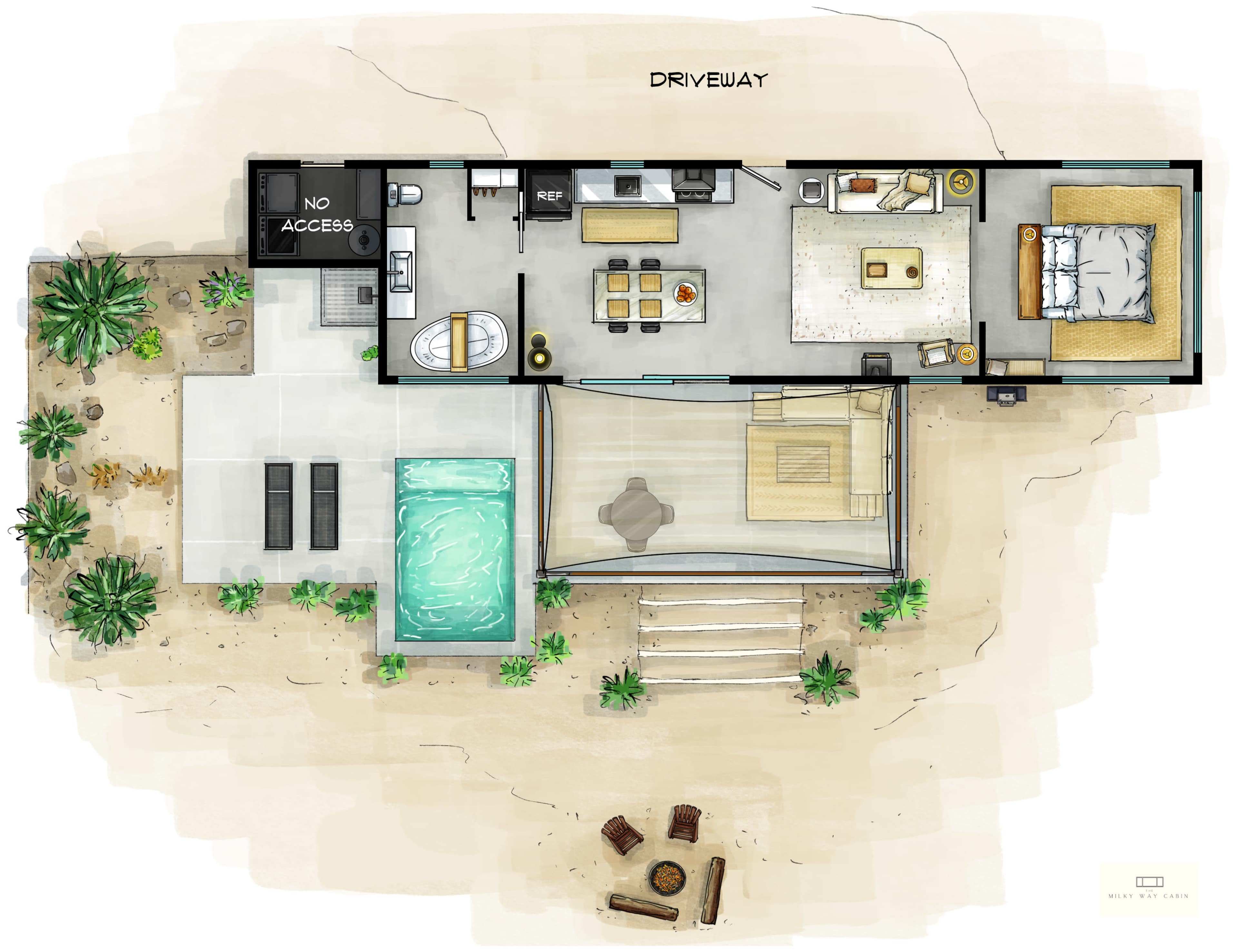 The image depicts a floor plan of a modern house layout featuring a living area, a bedroom, a bathroom, a pool, and an outdoor seating area with a fire pit.