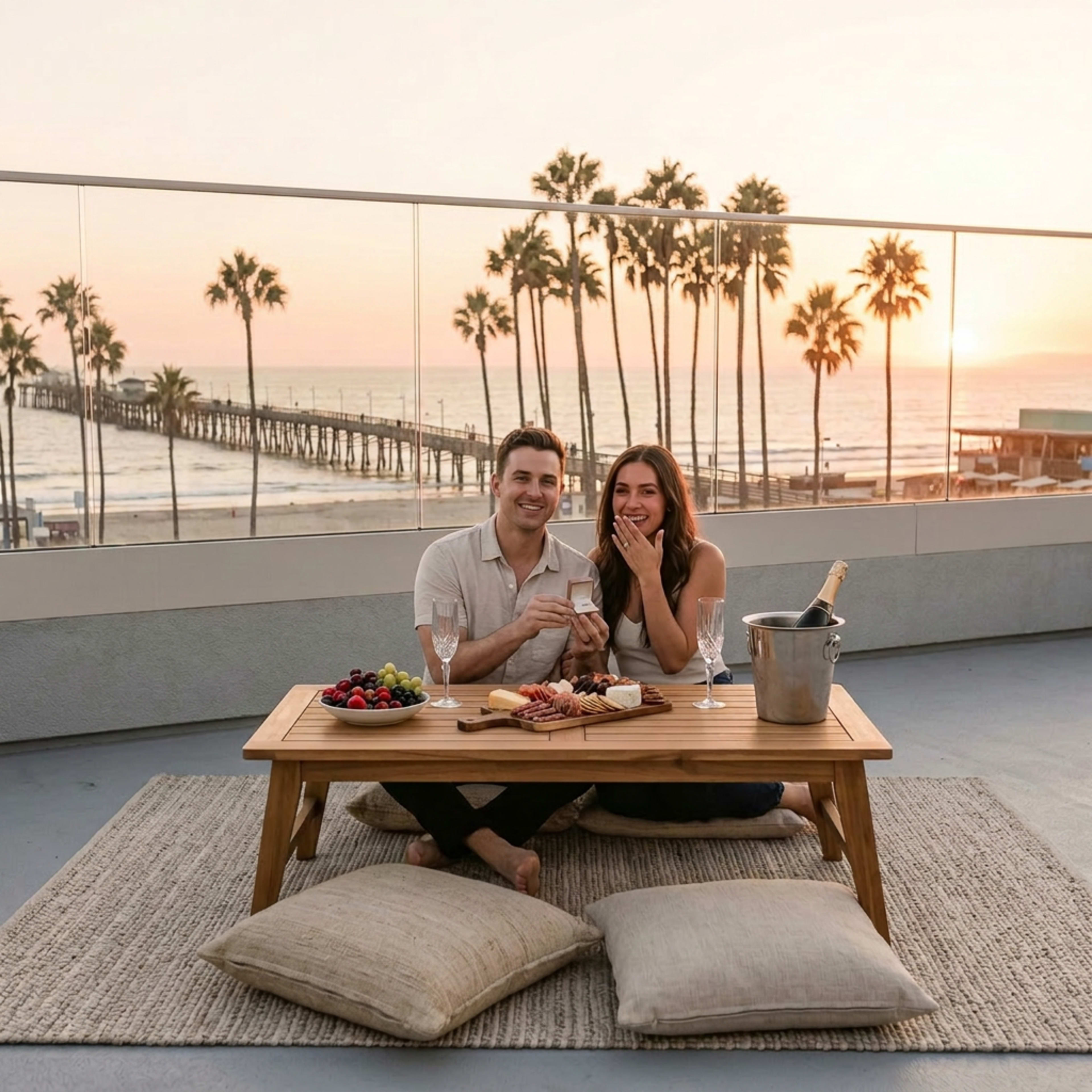 A couple sits at a wooden table on a rooftop overlooking the ocean and palm trees at sunset, enjoying food and drinks.