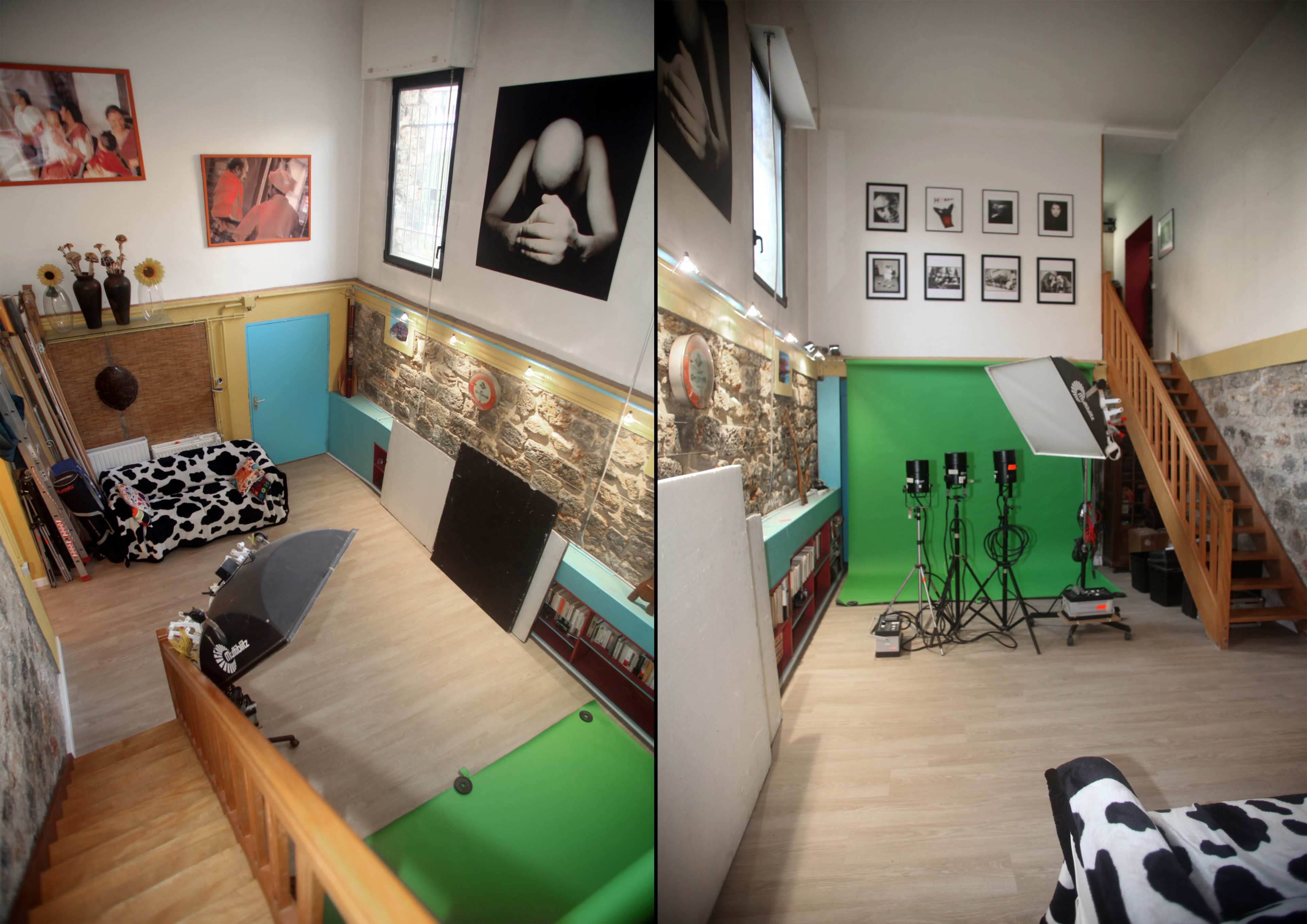 The image shows a spacious, multi-level studio featuring a mix of decorative art on the walls, a green screen setup, and various lighting equipment arranged on one side.