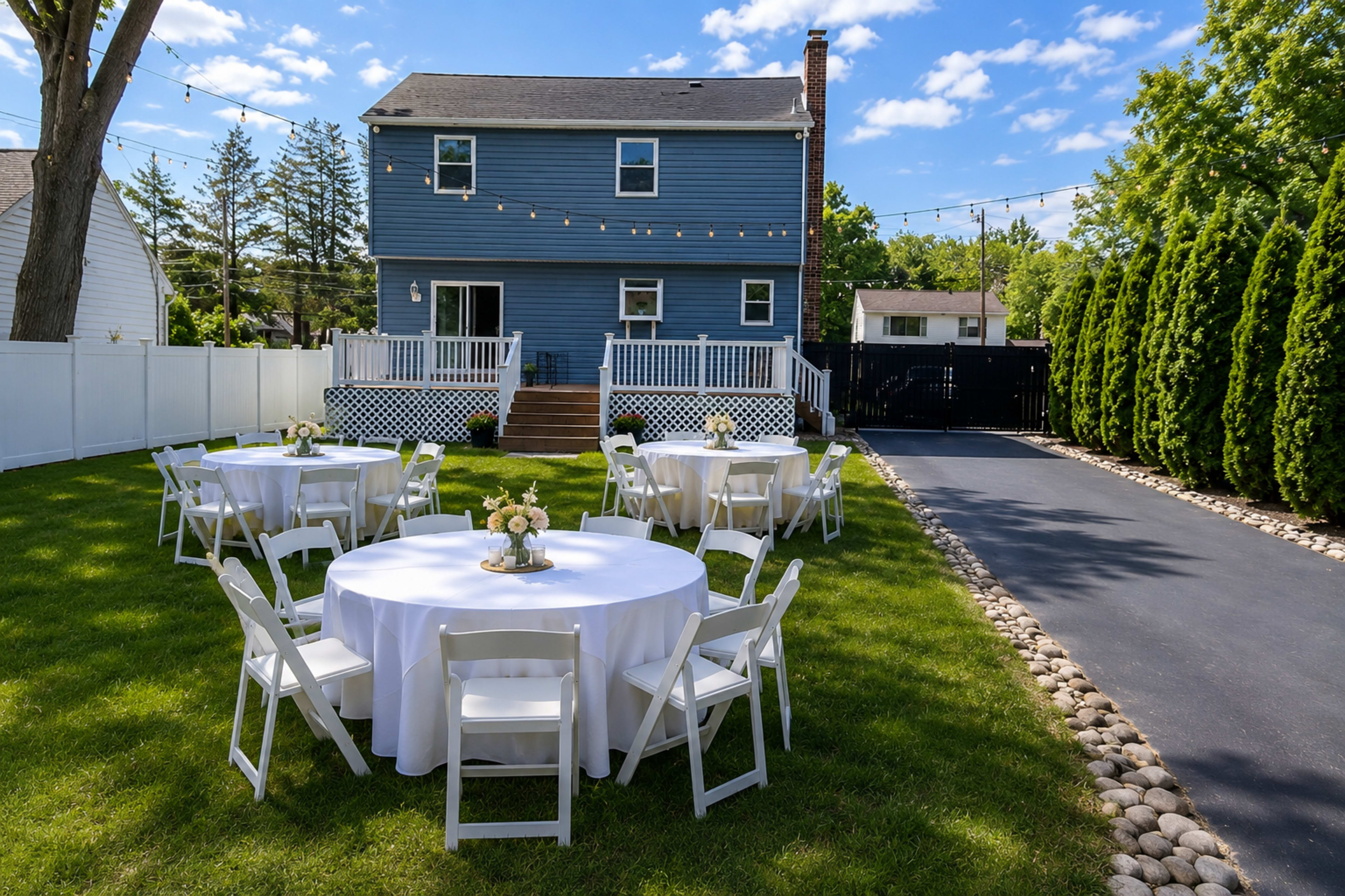 The image shows a backyard set up for an outdoor event, featuring several round tables with white tablecloths surrounded by chairs, and a blue house in the background.