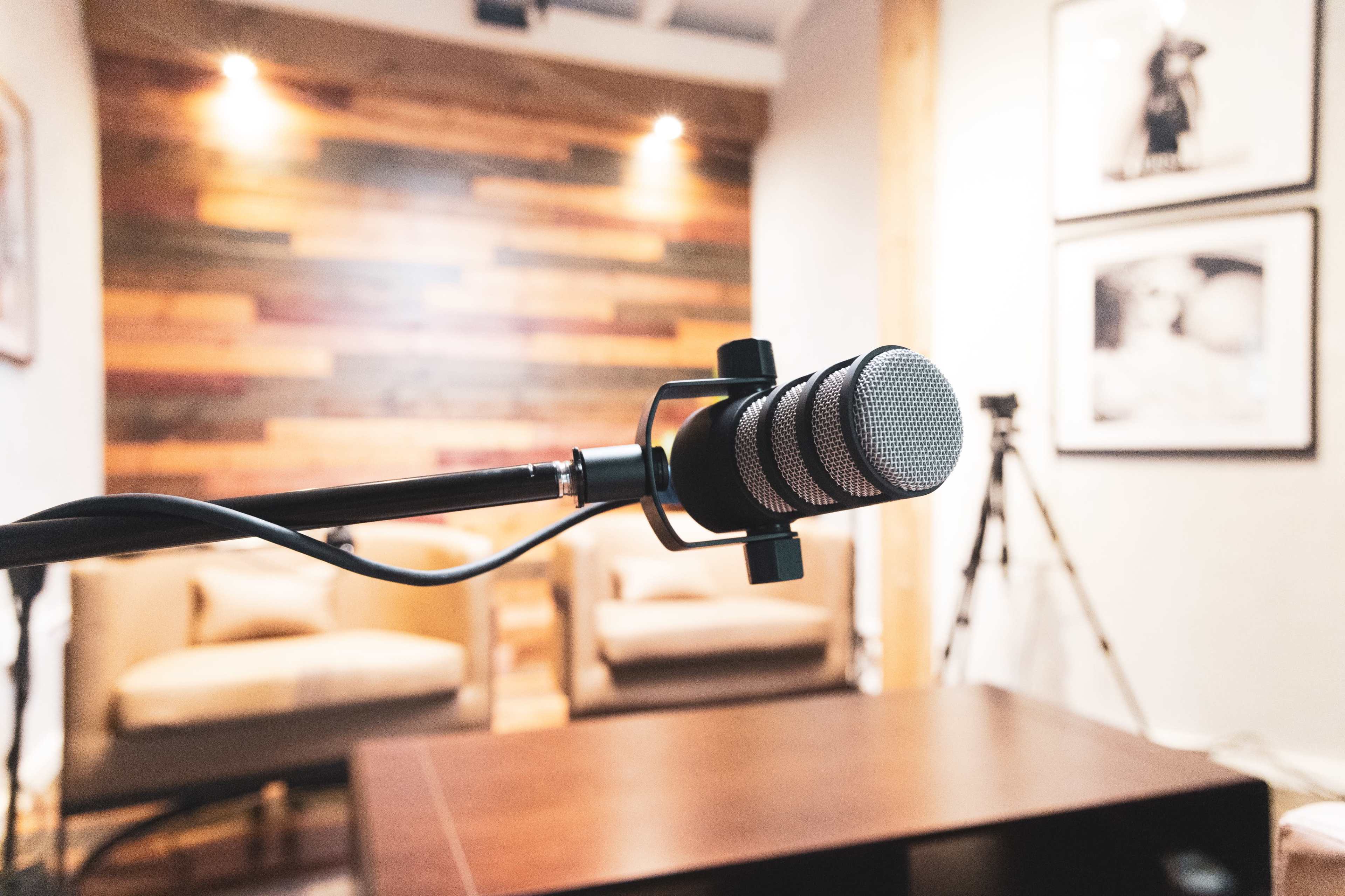 A microphone is positioned in the foreground of a room featuring a wooden accent wall and two couches.