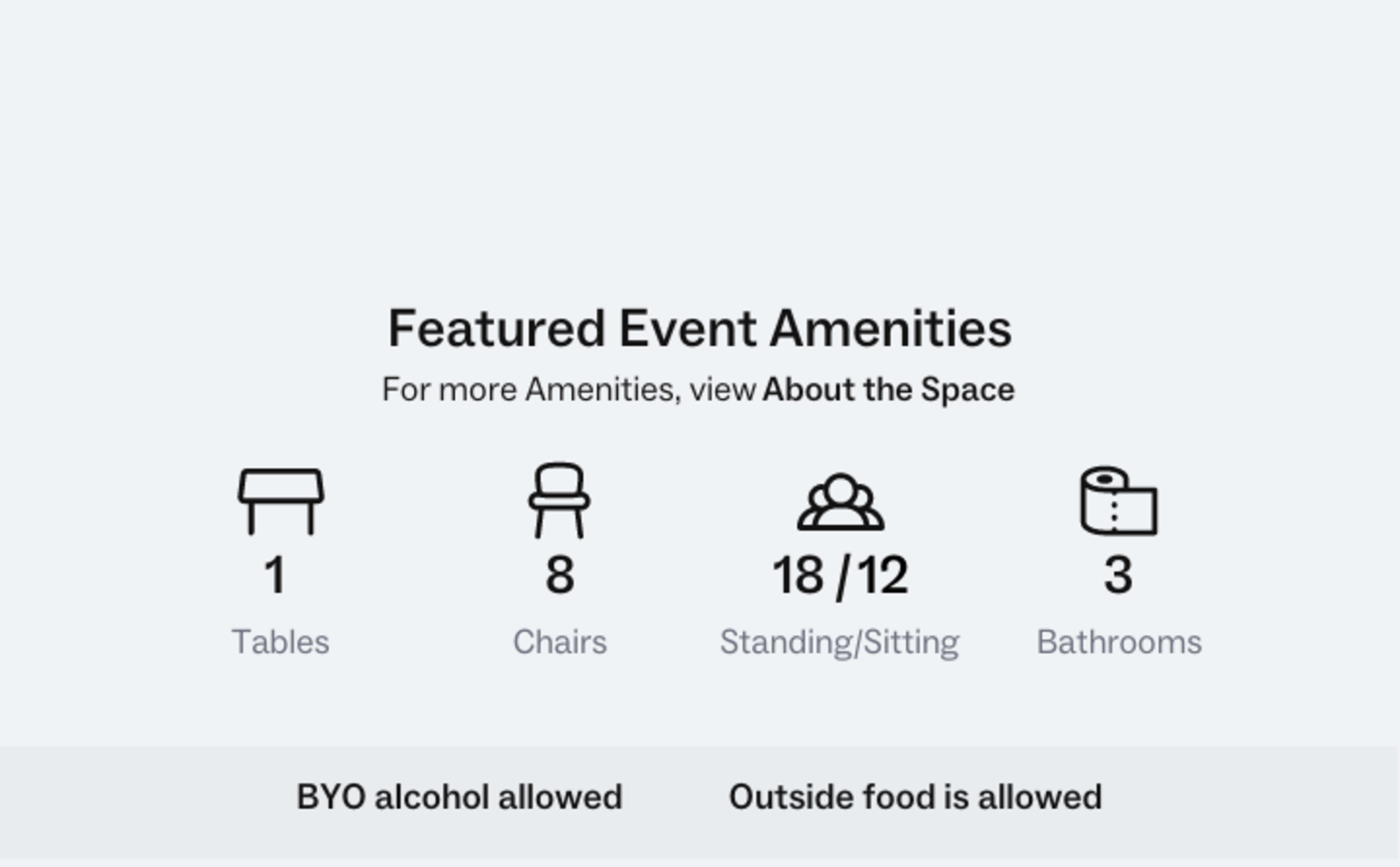 A list of featured event amenities, including one table, eight chairs, a capacity of 18 standing or 12 sitting, and three bathrooms, with notes indicating that outside food and BYO alcohol are allowed.