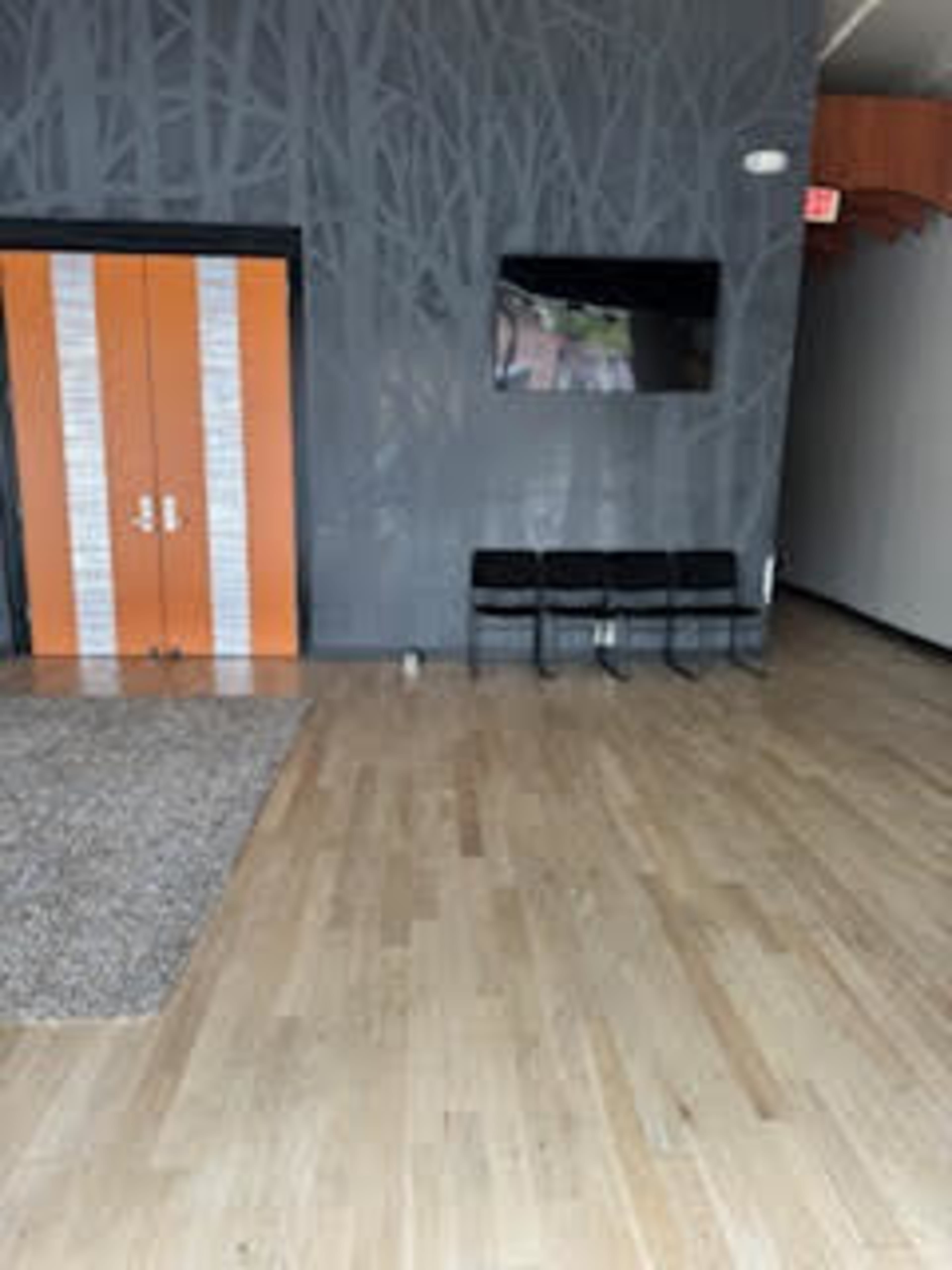The image shows a spacious room with light wooden flooring, a textured gray wall featuring a tree pattern, black chairs against one wall, and orange double doors at the far end.