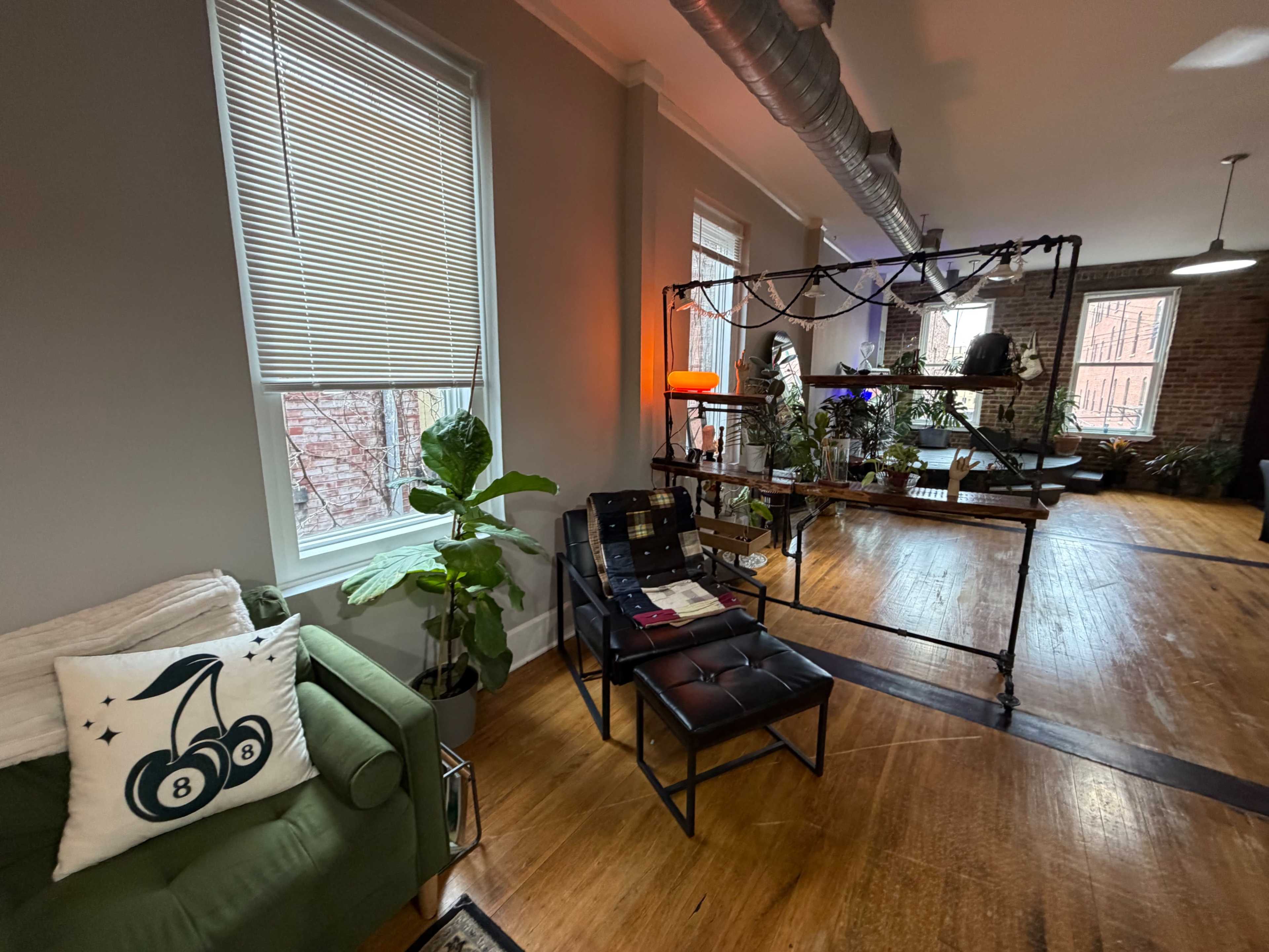 The image shows a modern living space featuring a green sofa, a black lounge chair, and a decorative shelving unit with plants, all illuminated by natural light from large windows.