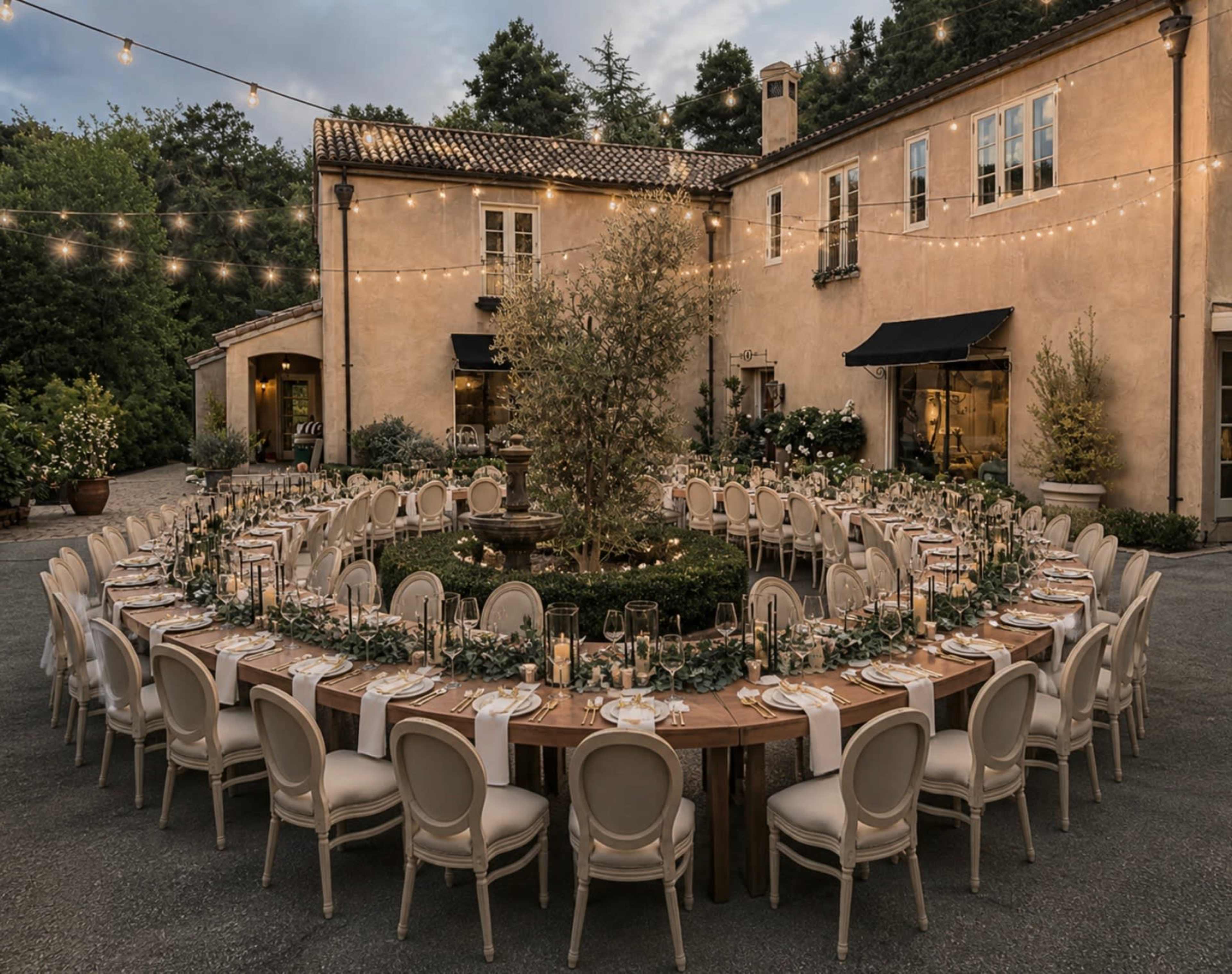 A circular dining setup with an elongated wooden table is arranged outdoors, surrounded by greenery and elegantly decorated for an event.