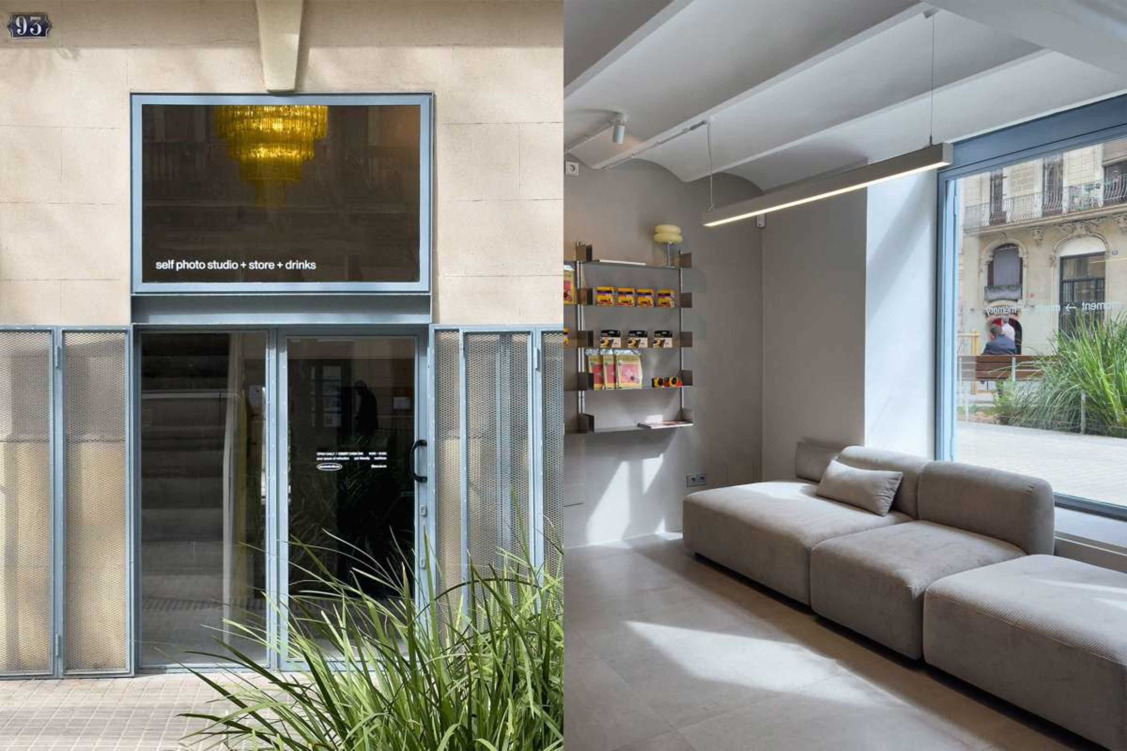 The image shows a self-photo studio with a modern storefront on the left and a minimalist interior featuring a seating area on the right.
