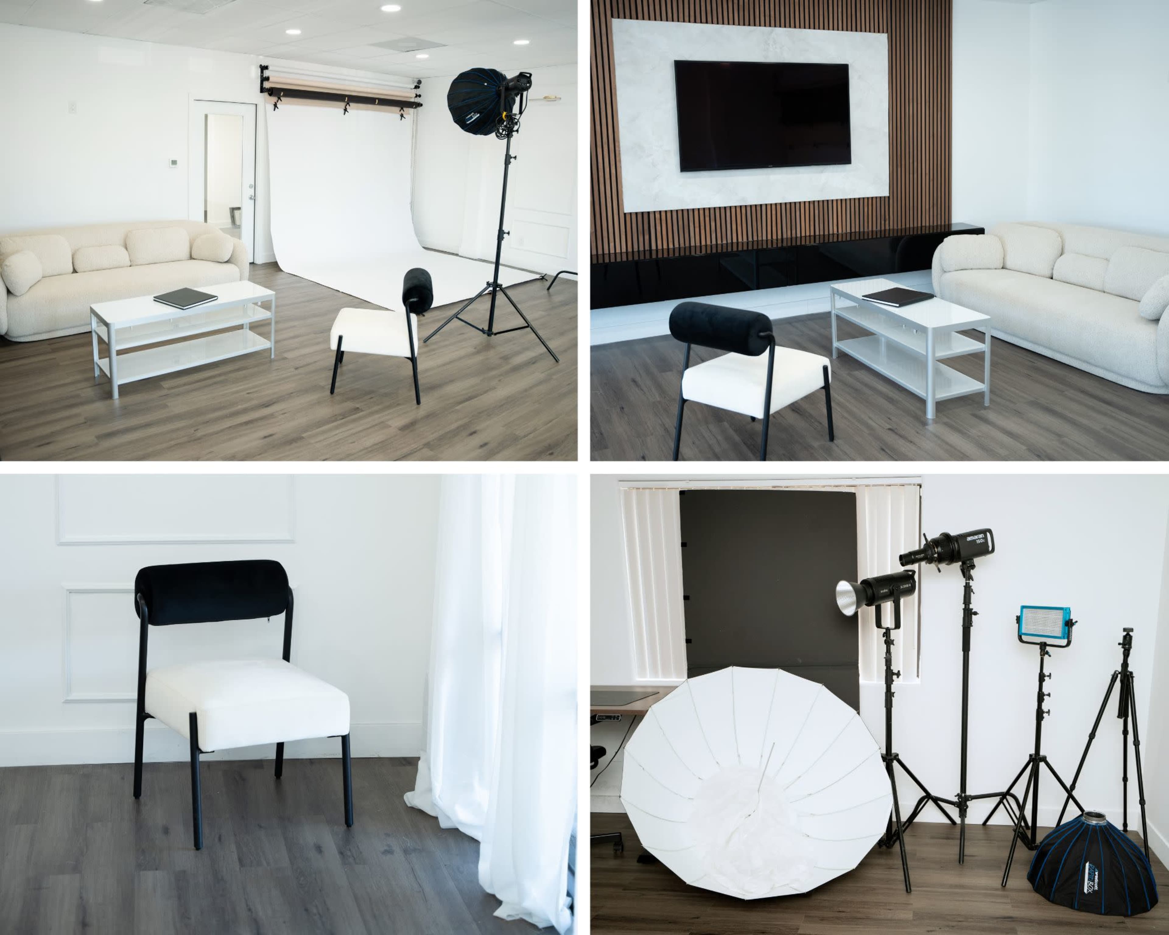 A modern studio space featuring a white backdrop, professional lighting equipment, and minimalist furniture arranged in a well-lit environment.