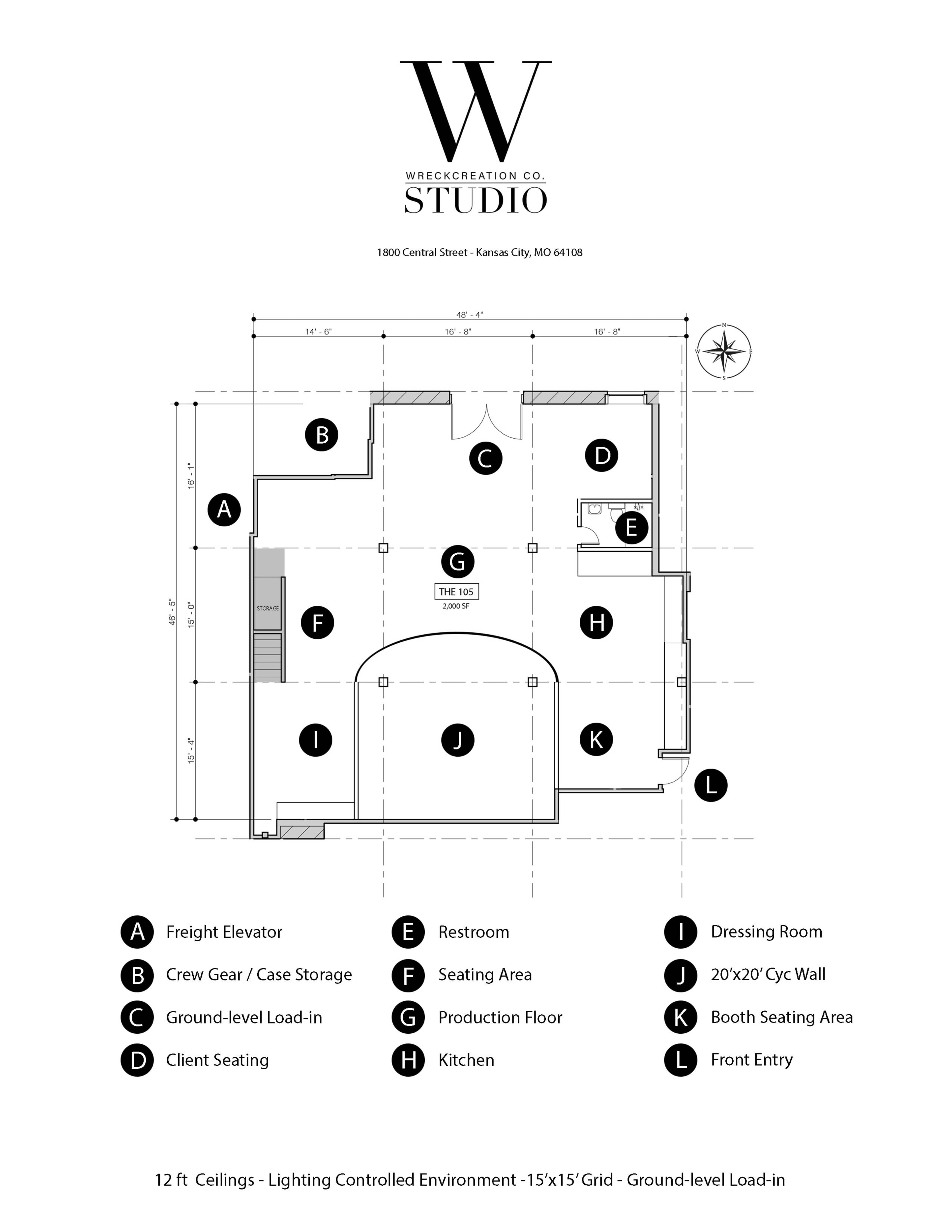 The image is a floor plan of a studio layout that includes designated areas such as a freight elevator, restroom, seating area, production floor, kitchen, dressing room, and client seating.