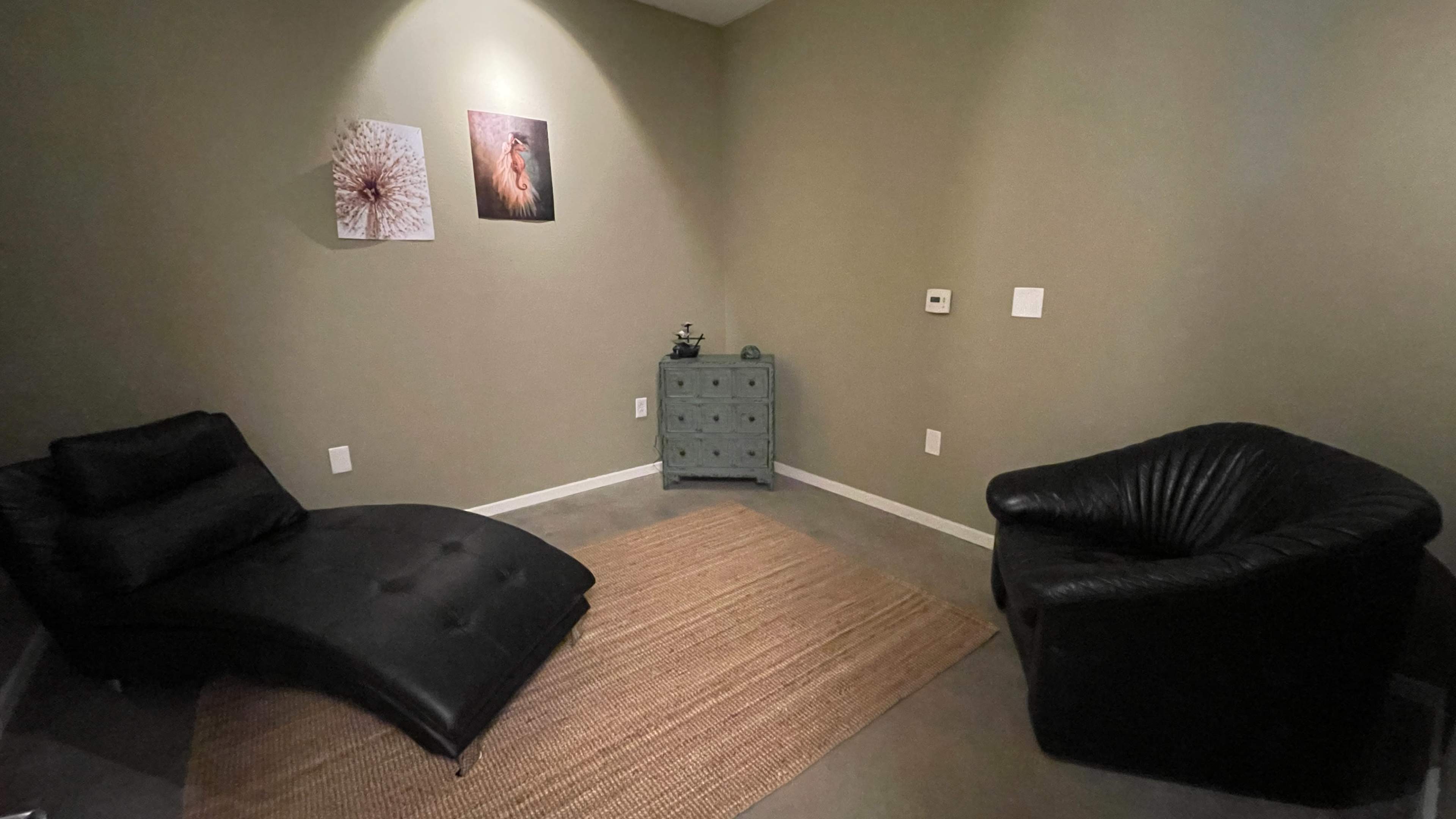 The room features a black chaise lounge and a black chair, with two framed pictures on the wall and a light-colored rug covering the floor.