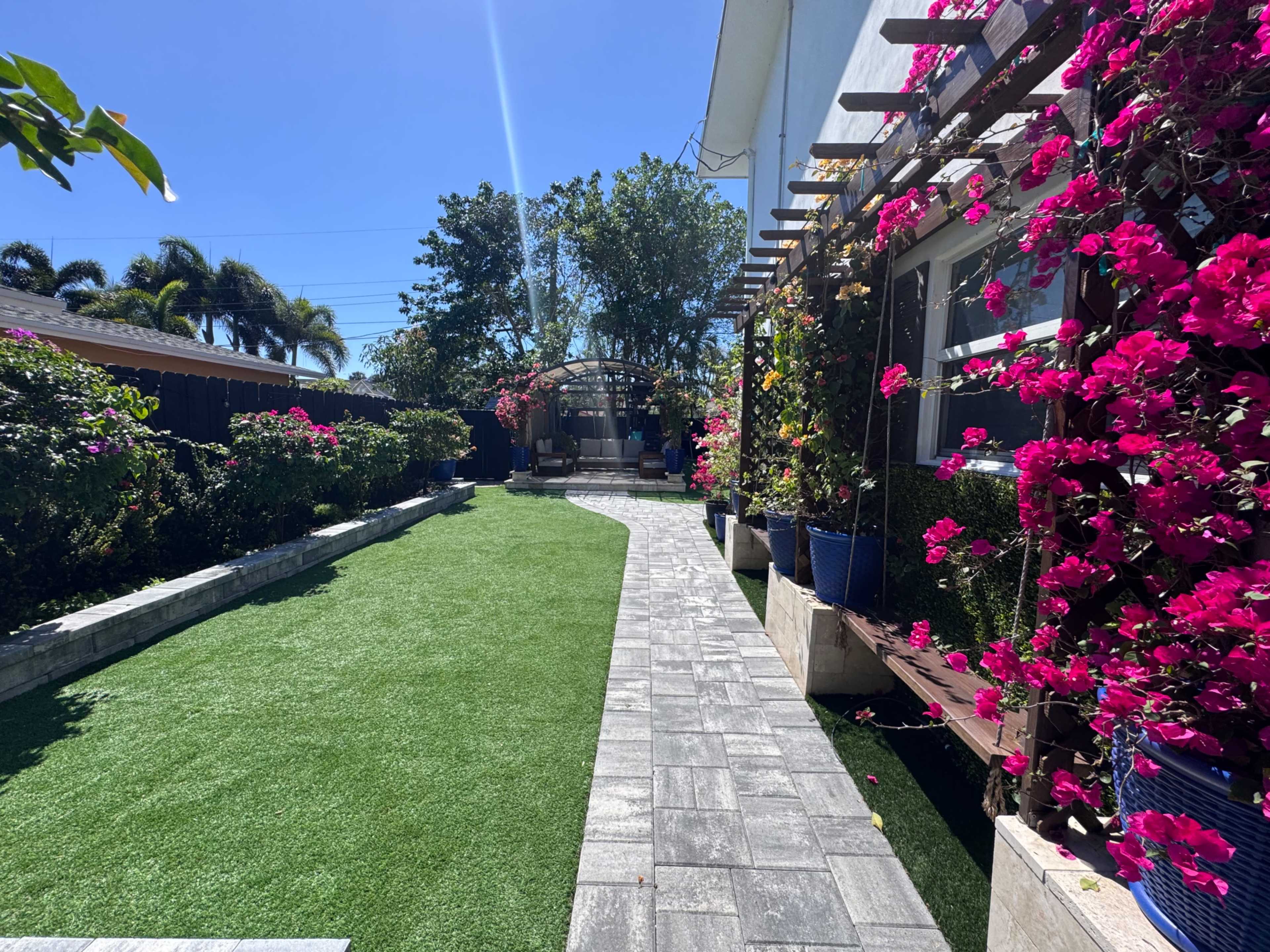 A pathway of gray pavers leads through a landscaped yard adorned with vibrant pink bougainvillea on both sides.