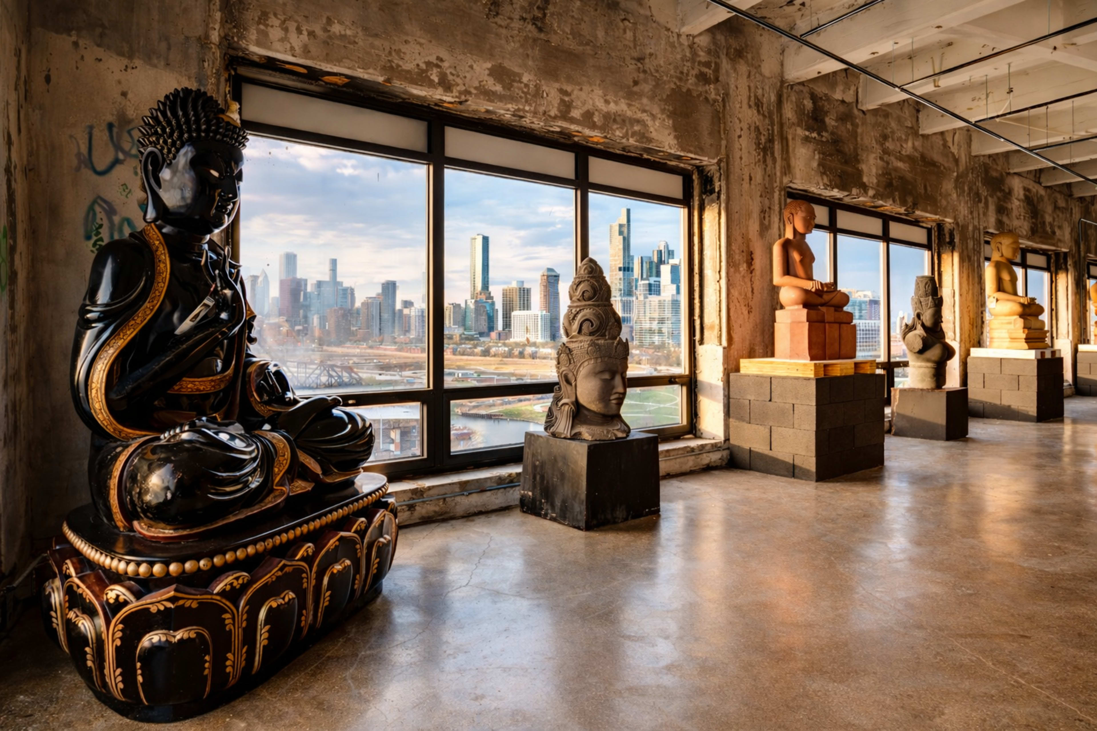 The image shows a gallery space with large windows overlooking a city skyline, featuring various Buddha statues and sculptures arranged along the walls.