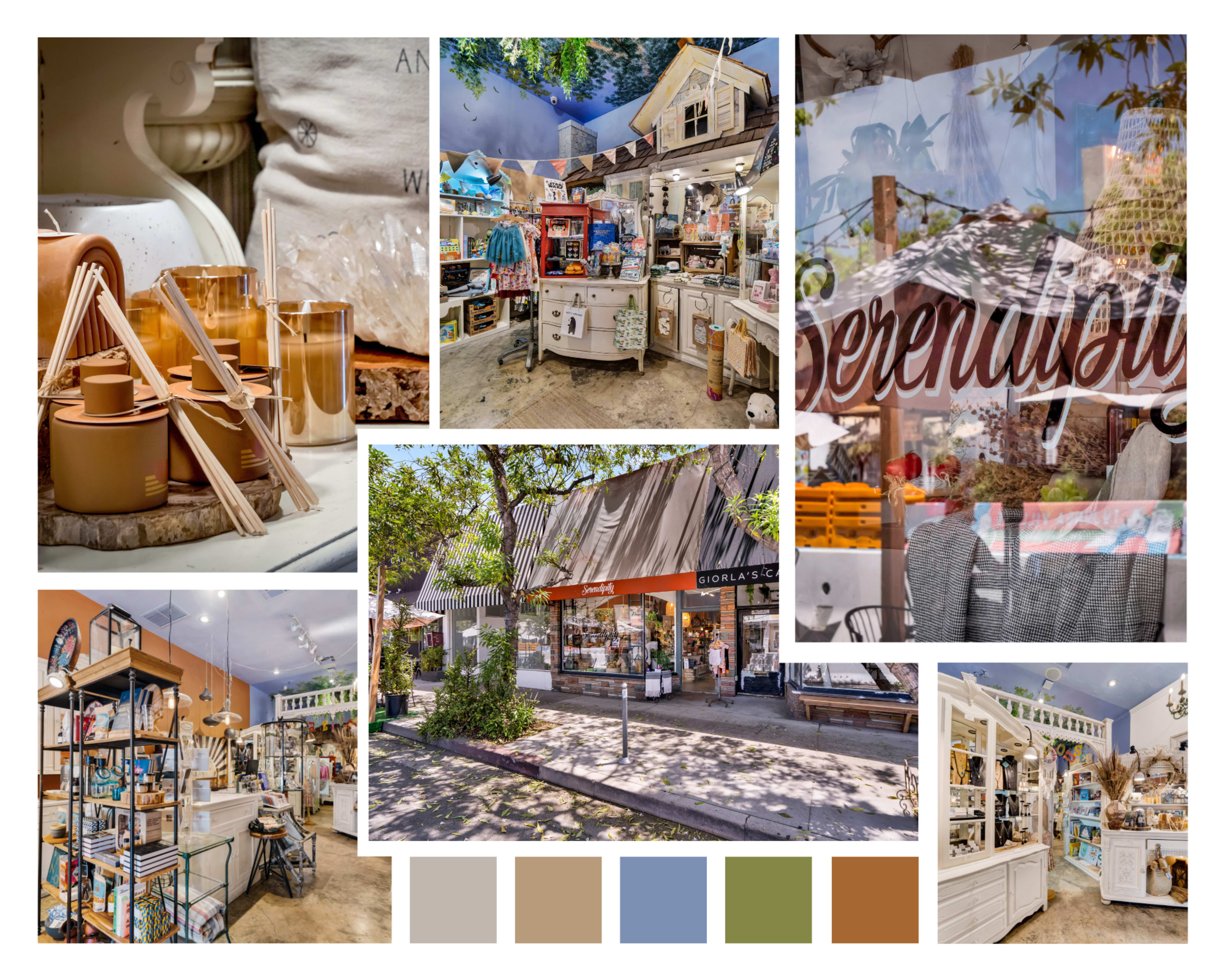The image showcases a quaint shop filled with various home decor items, including candles, furniture, and decorative displays, all set beneath a canopy of trees.