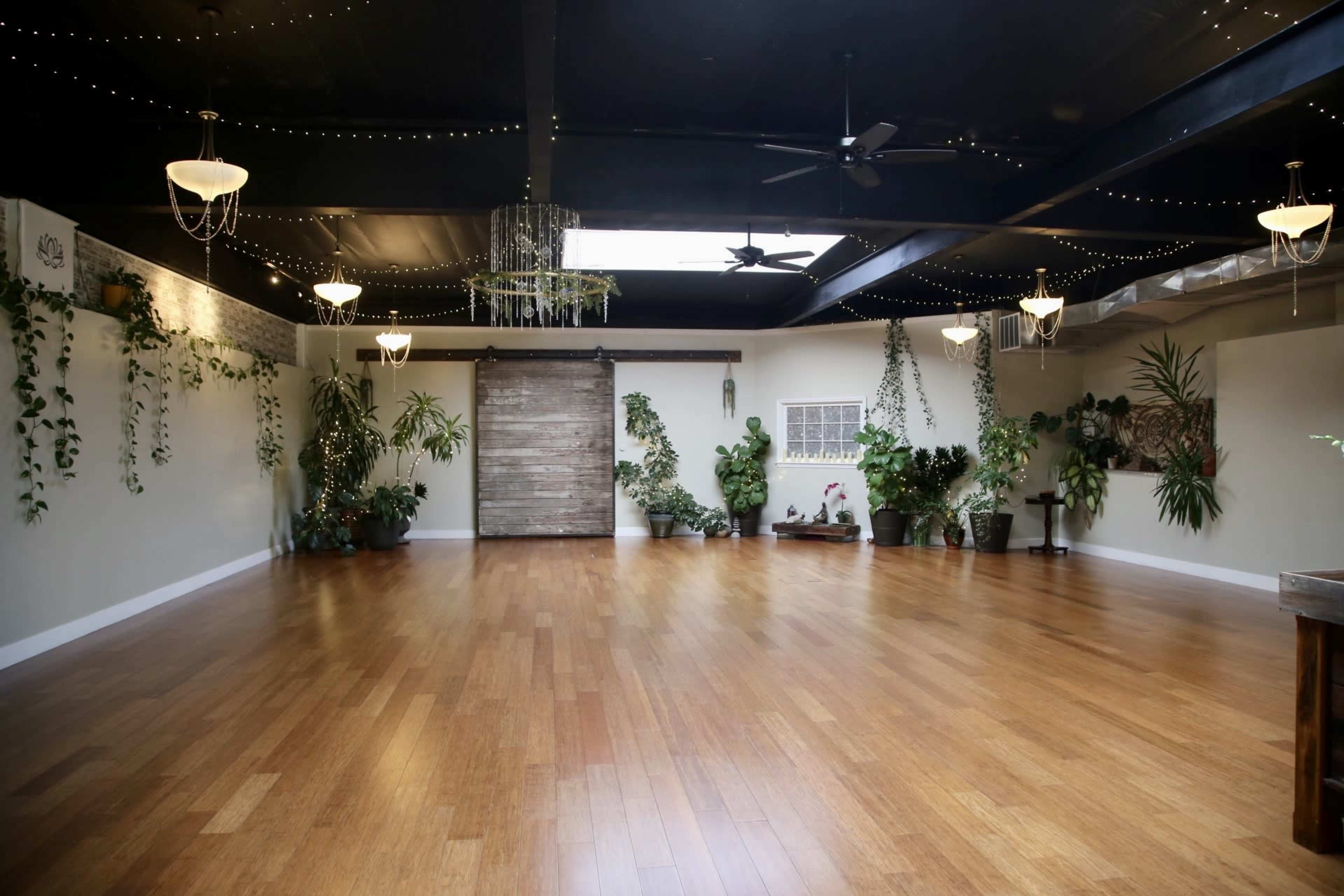 A spacious, brightly lit yoga studio with hardwood flooring, adorned with various potted plants and decorative pendant lights.