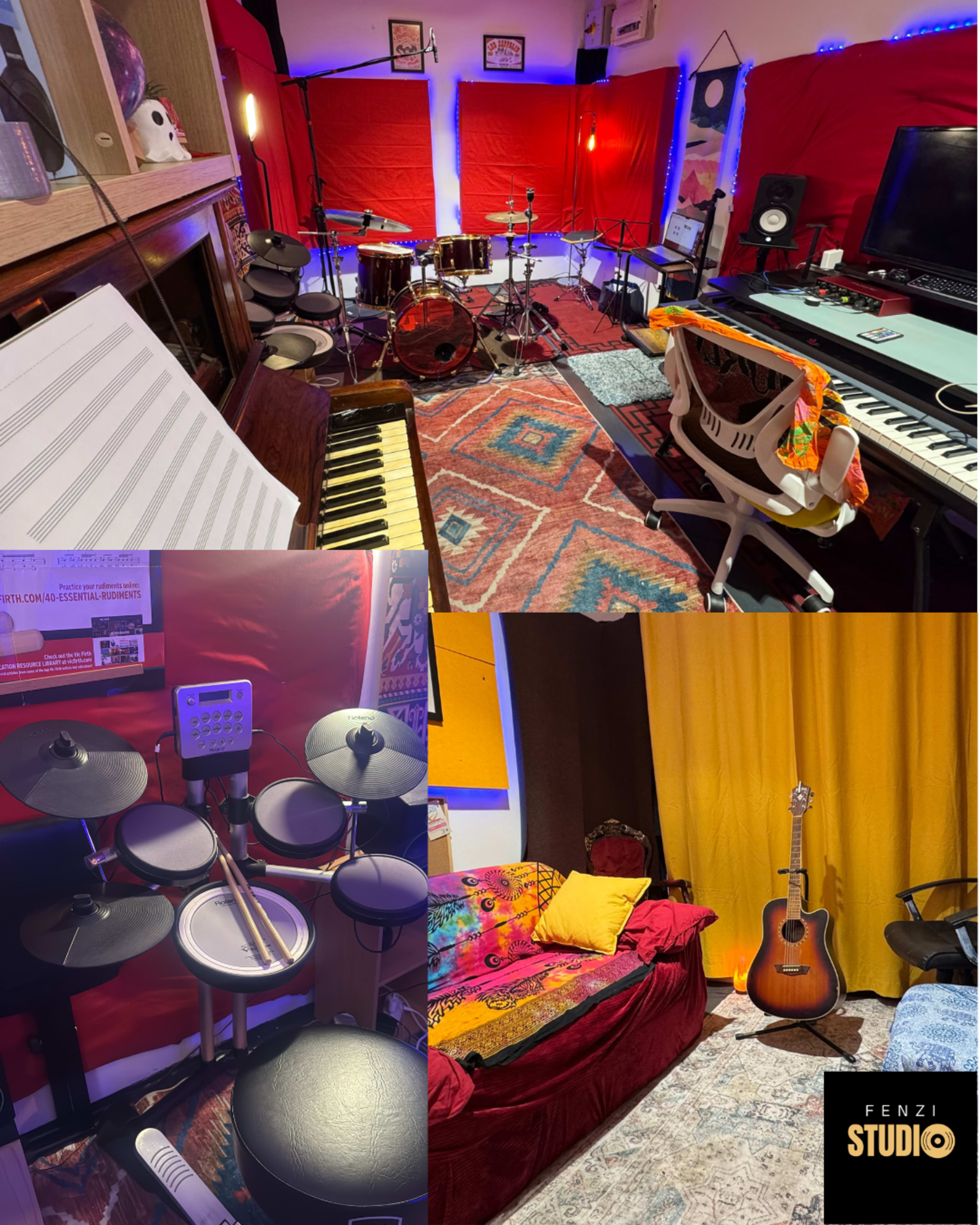 The image shows a vibrant music studio with various instruments, including a drum set, electronic drums, a keyboard, and a guitar, surrounded by colorful sound-absorbing panels and cozy seating.