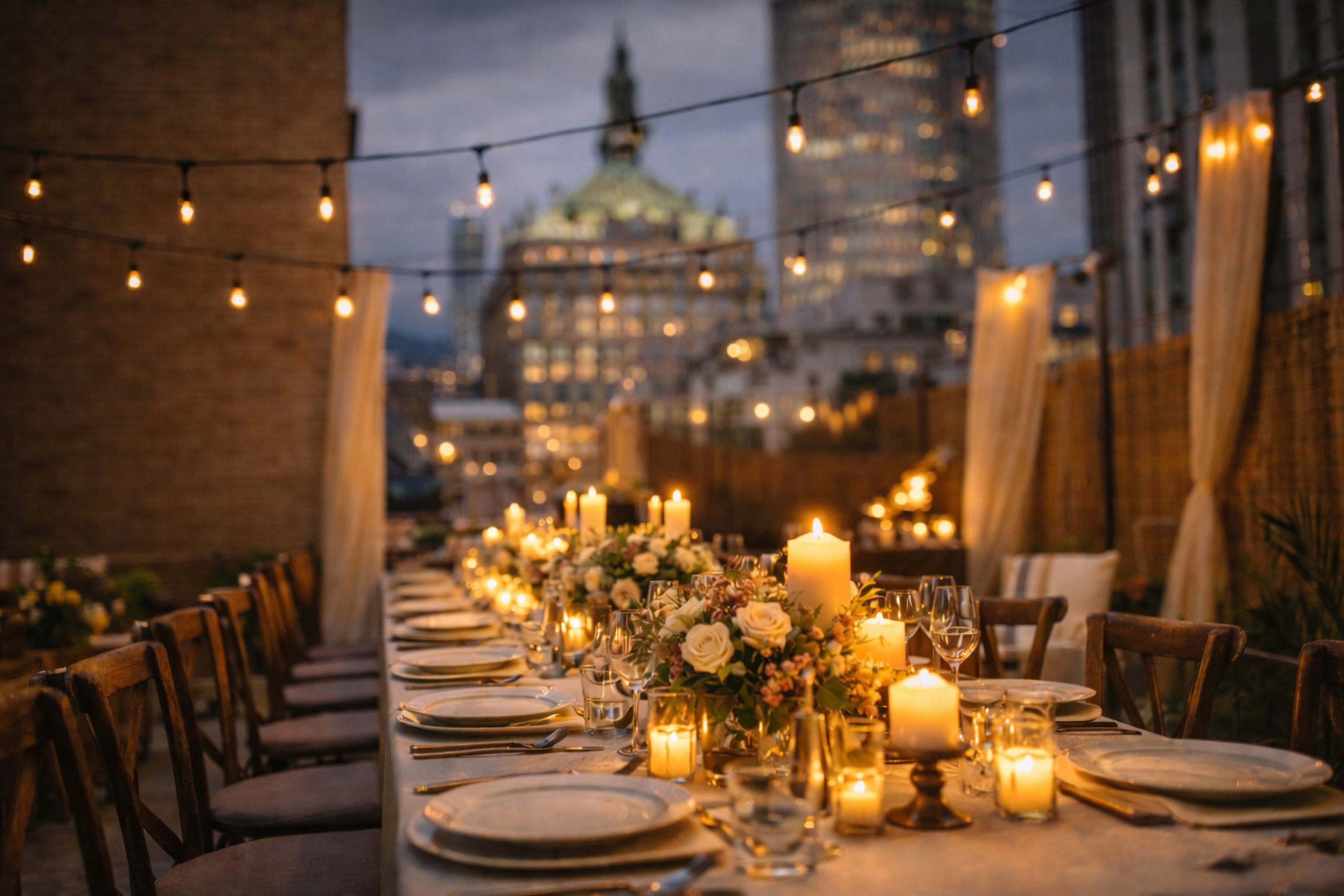 A beautifully arranged outdoor dining table is set with candles and flowers, overlooking a city skyline illuminated by twilight.