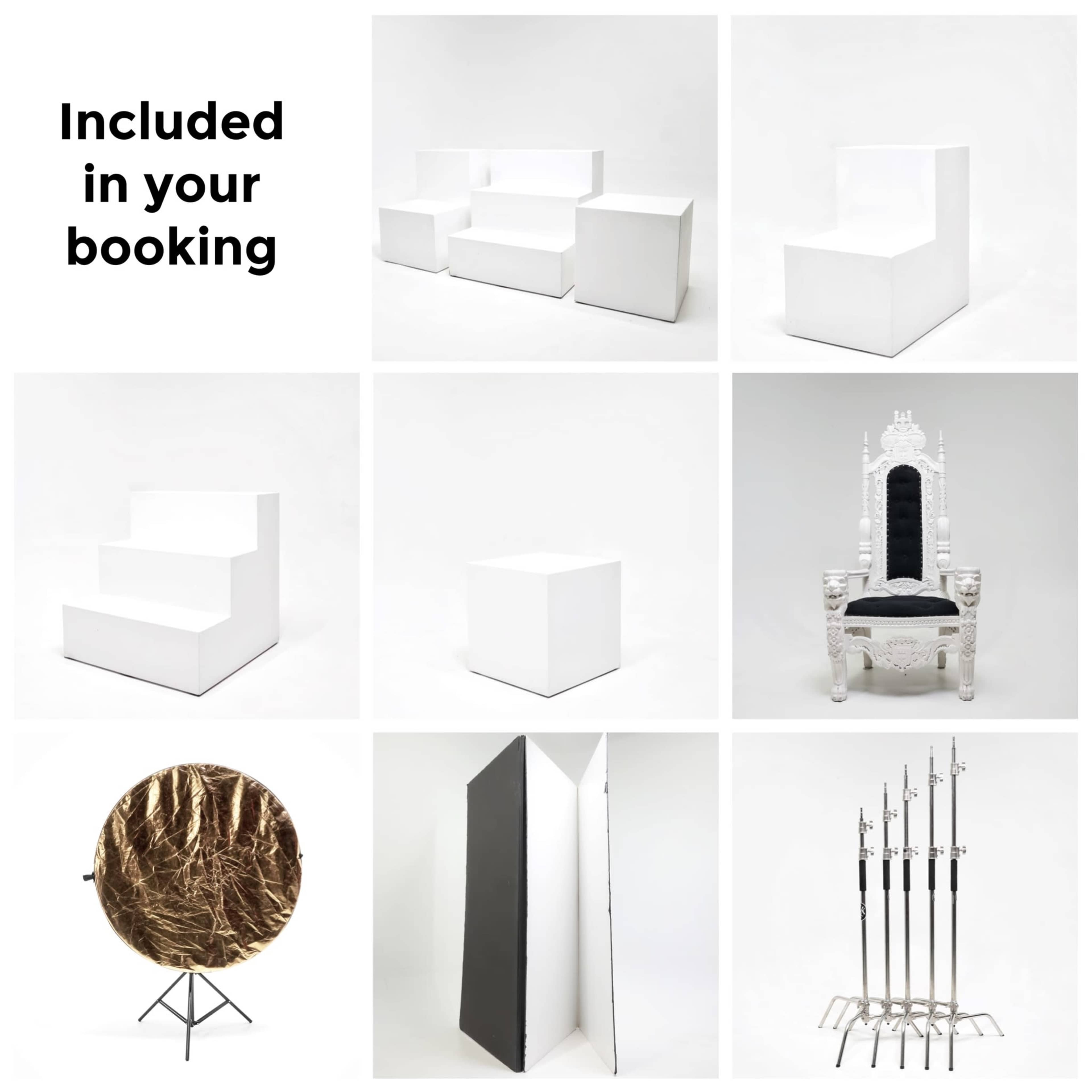The image displays various photography props and equipment, including white blocks, a throne-like chair, a round reflector, and backdrop stands.