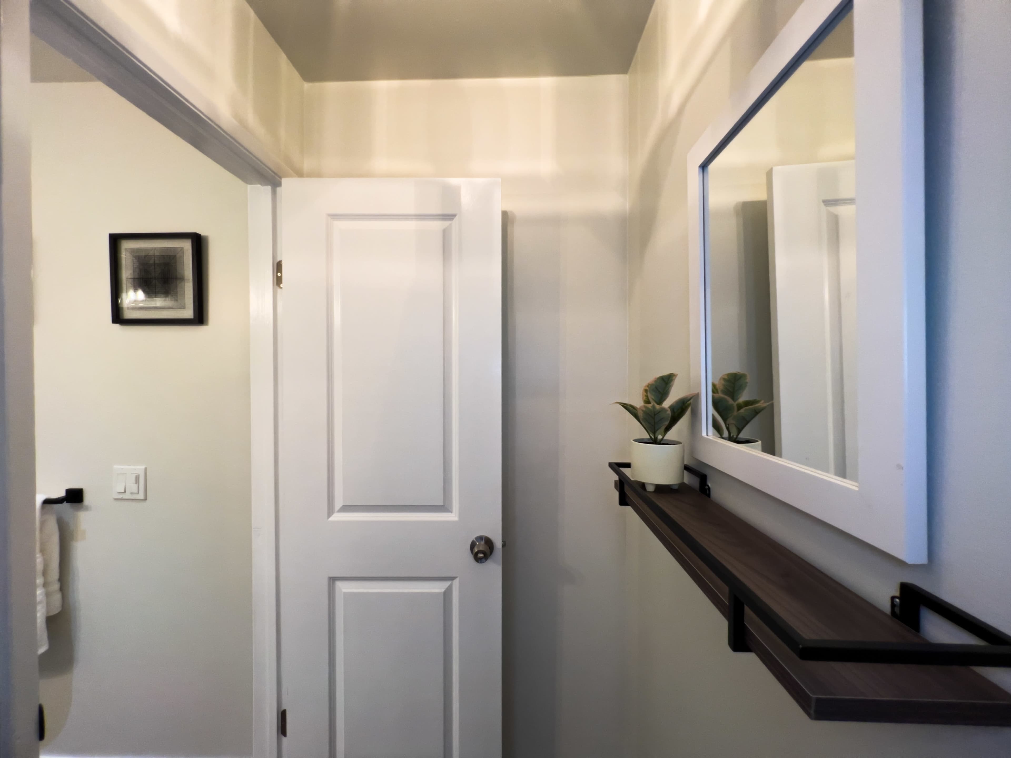 A small bathroom features a white door, a mirror on the wall, and a shelf with a potted plant.