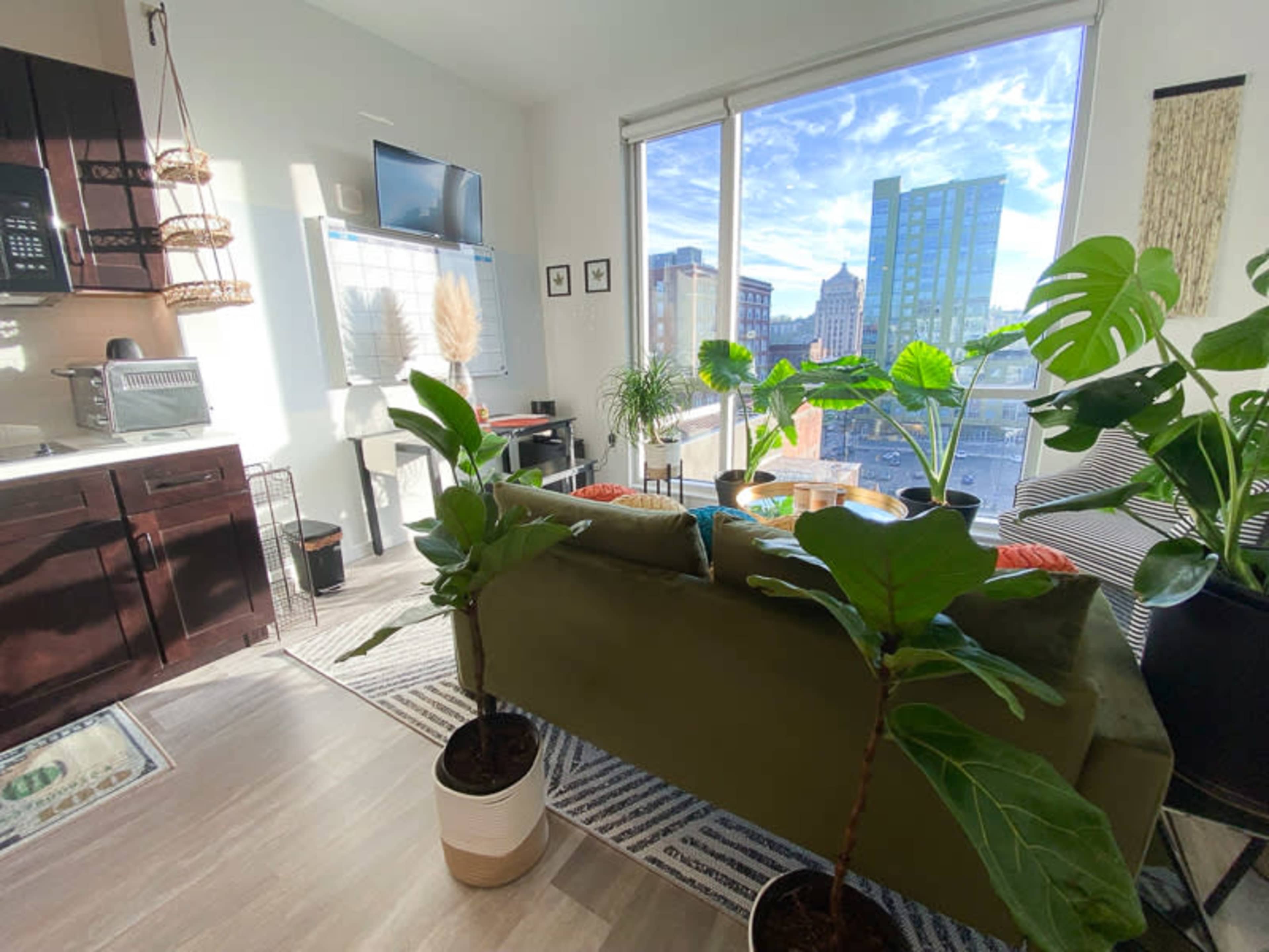 A well-lit apartment features a modern kitchen, a green sofa, large windows with a city view, and potted plants.