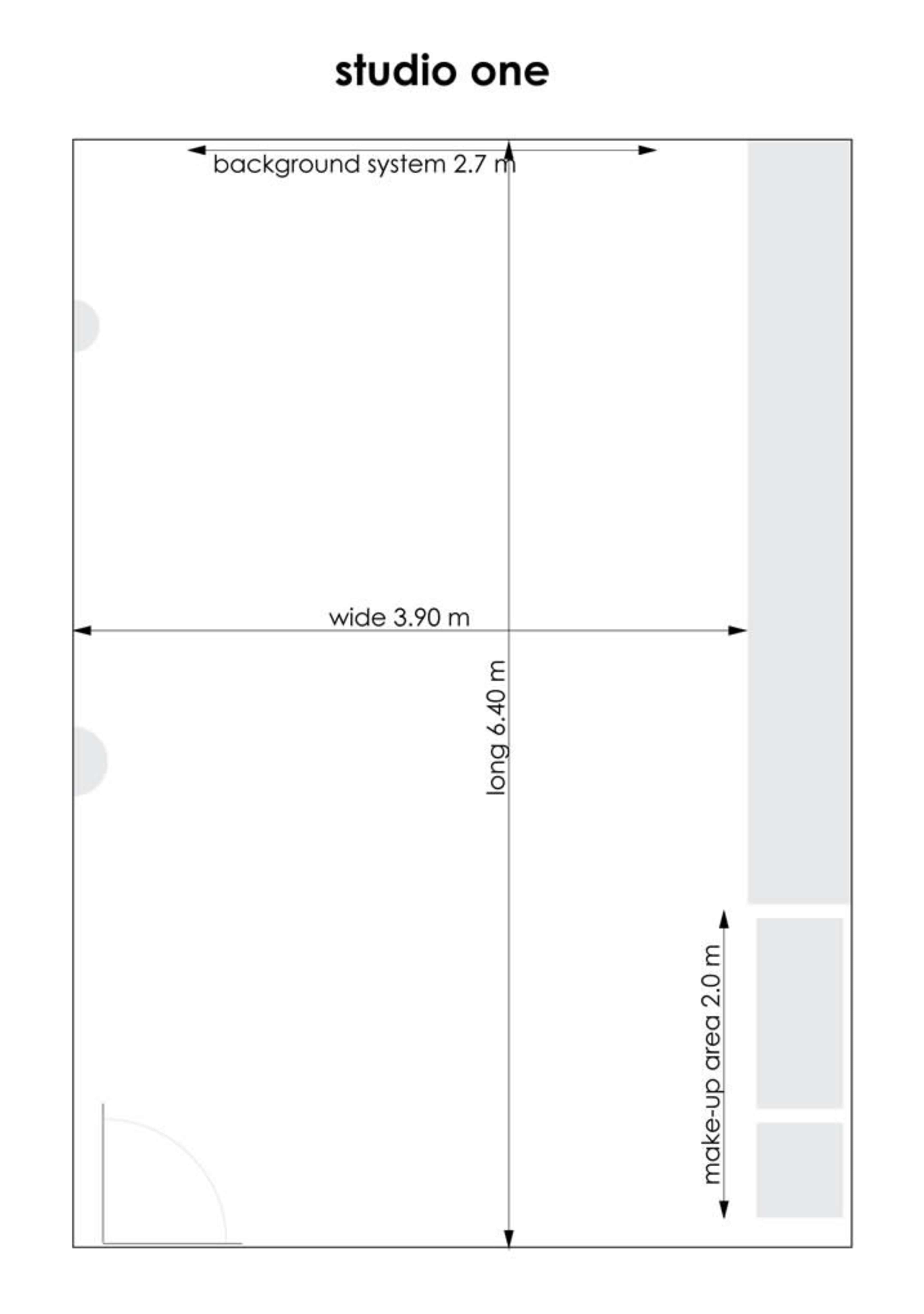 A floor plan labeled "studio one," indicating dimensions for a photography studio with a background system, makeup area, and overall measurements.