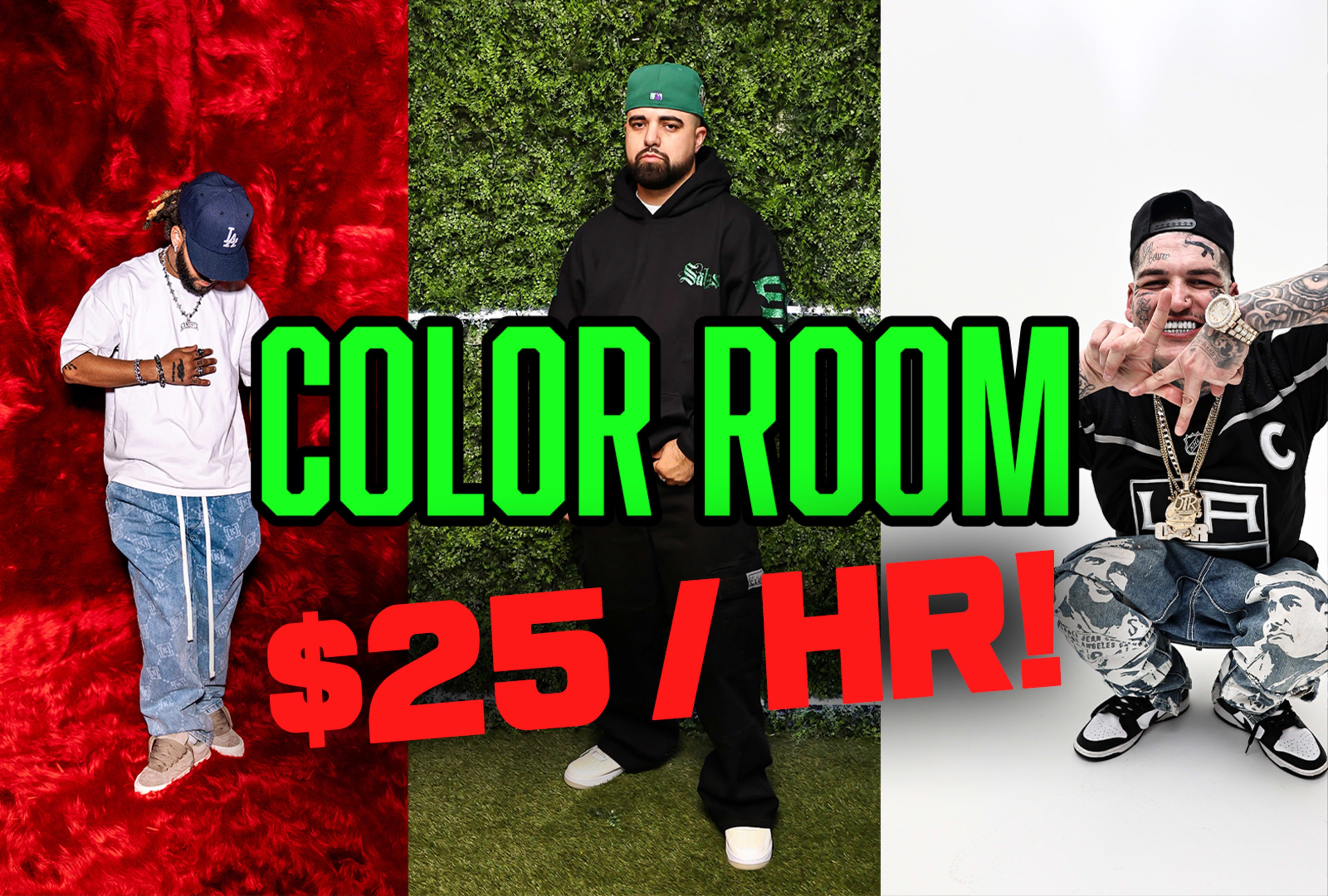 The image features three individuals posing in different outfits against vibrant backgrounds, with bold text advertising a "COLOR ROOM" available for rent at "$25 / HR."