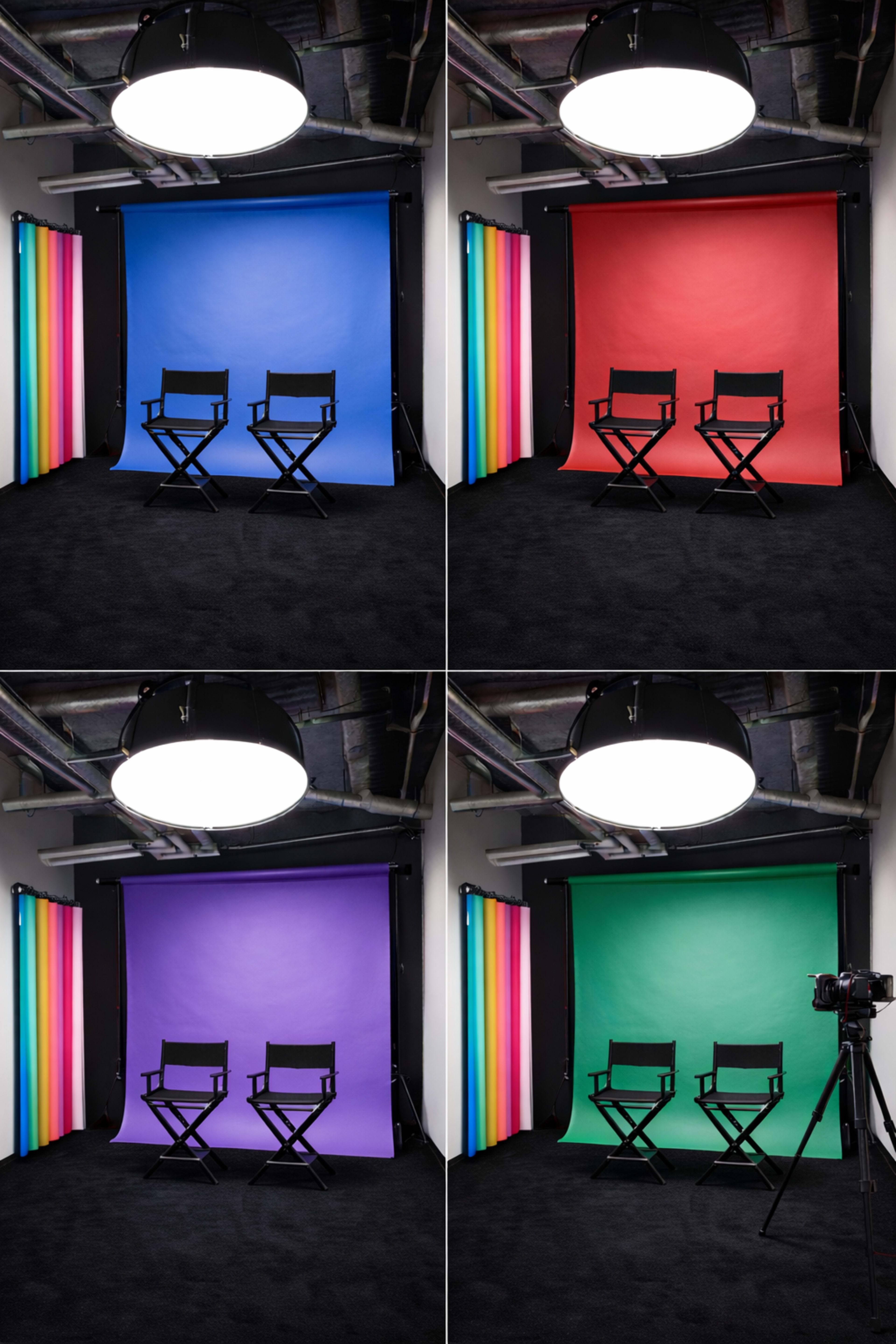 The image displays four different studio setups featuring two director's chairs against colorful backdrops: blue, red, purple, and green, with a light fixture overhead.