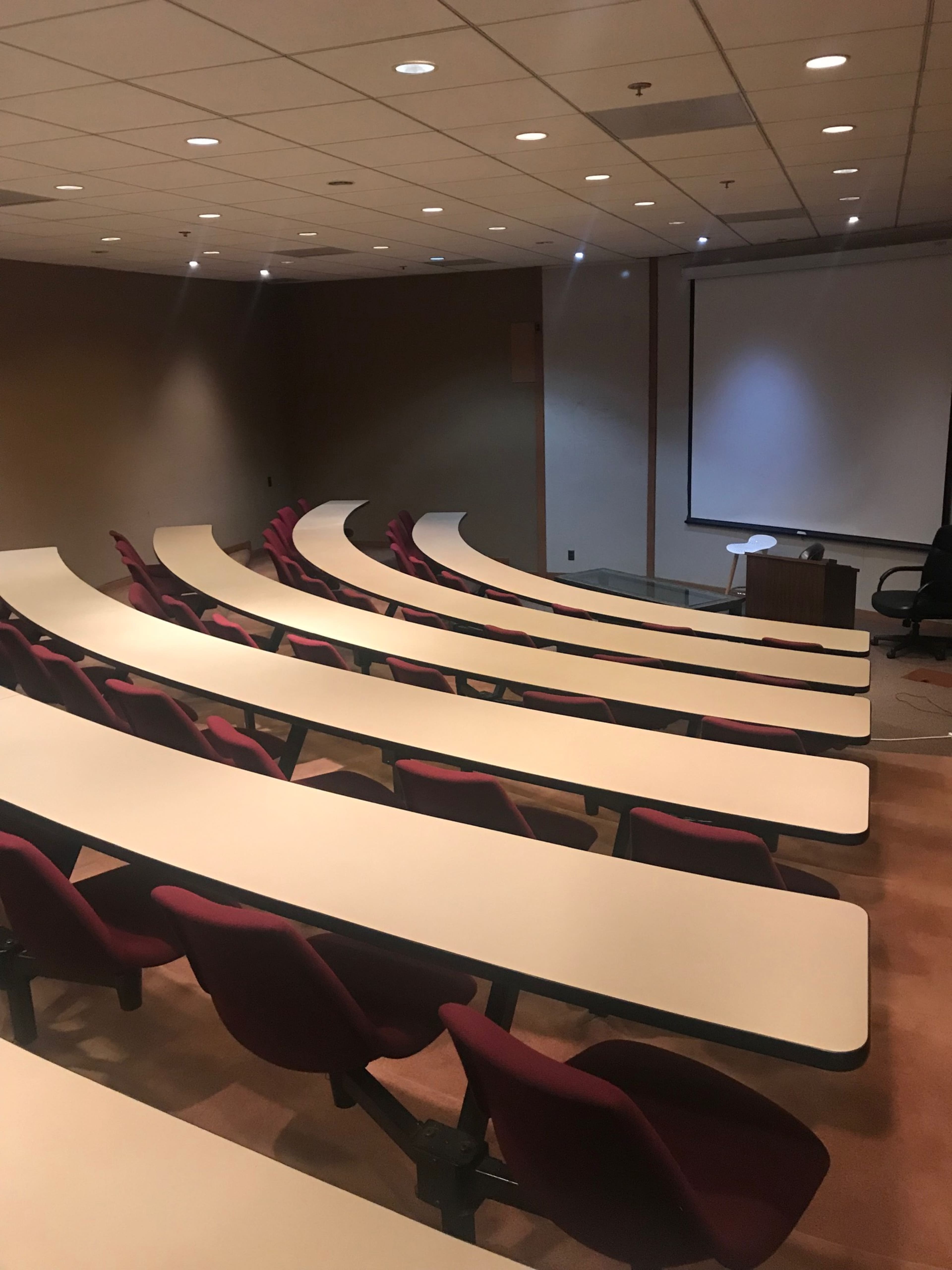 An empty lecture hall with curved rows of seating and a projection screen at the front.