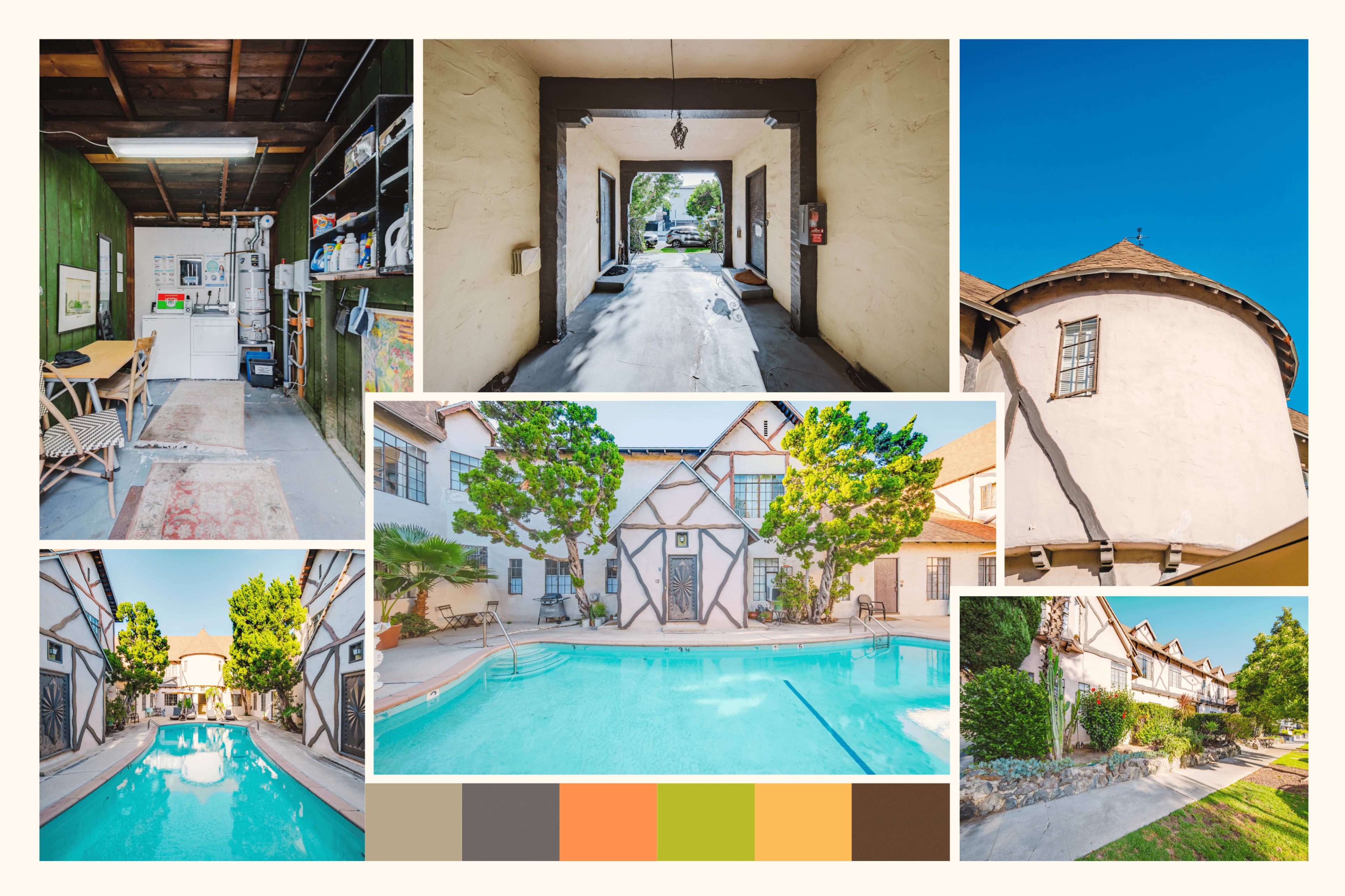 The image showcases a collage of various views of a residential property, including an interior workspace, a driveway archway, the exterior of a multi-unit building with a pool, and landscaped areas.