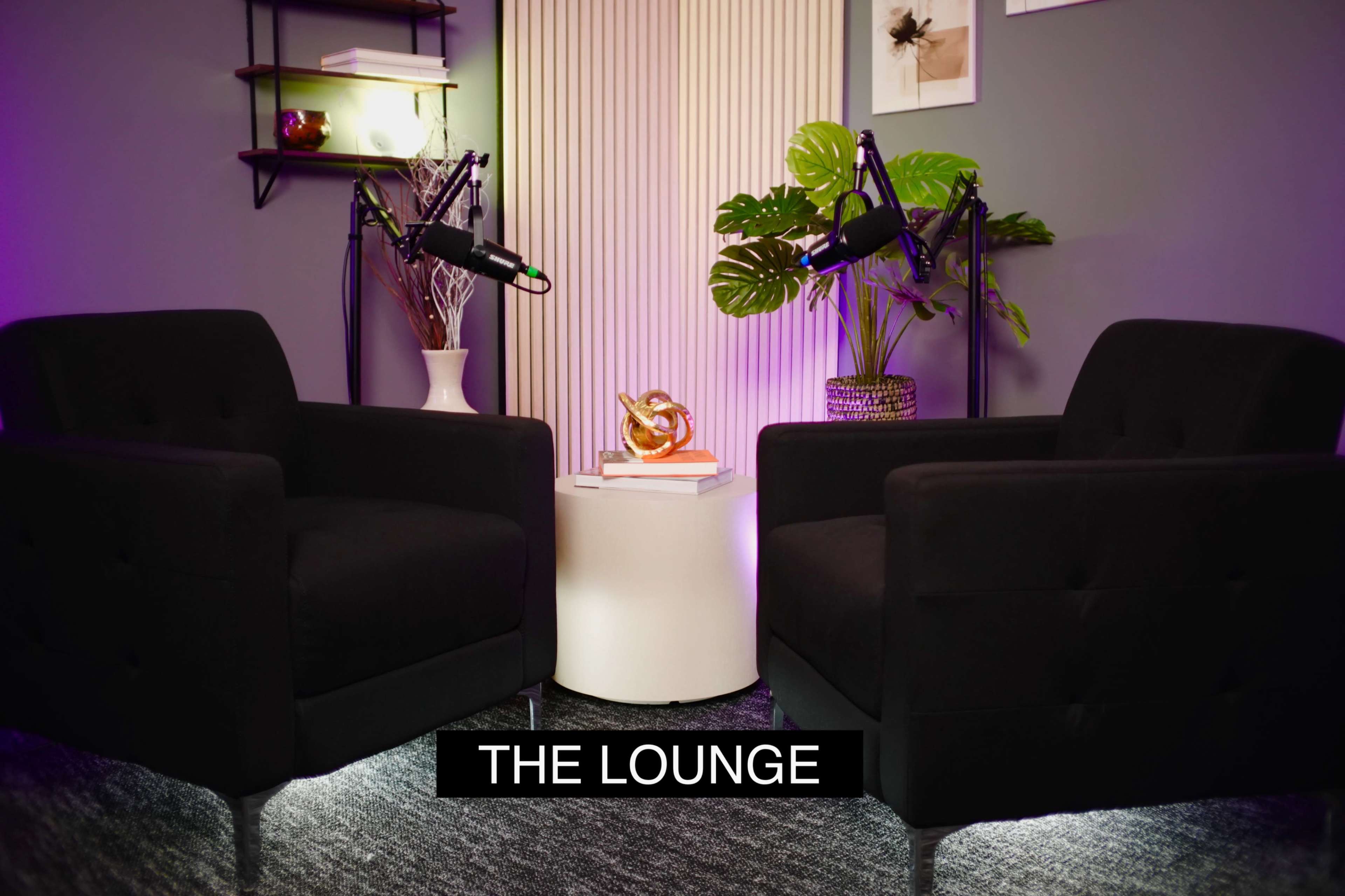 The image depicts a modern lounge setup with two black chairs facing each other, a small table in the center, and decorative items, including potted plants and microphones placed on the chairs.