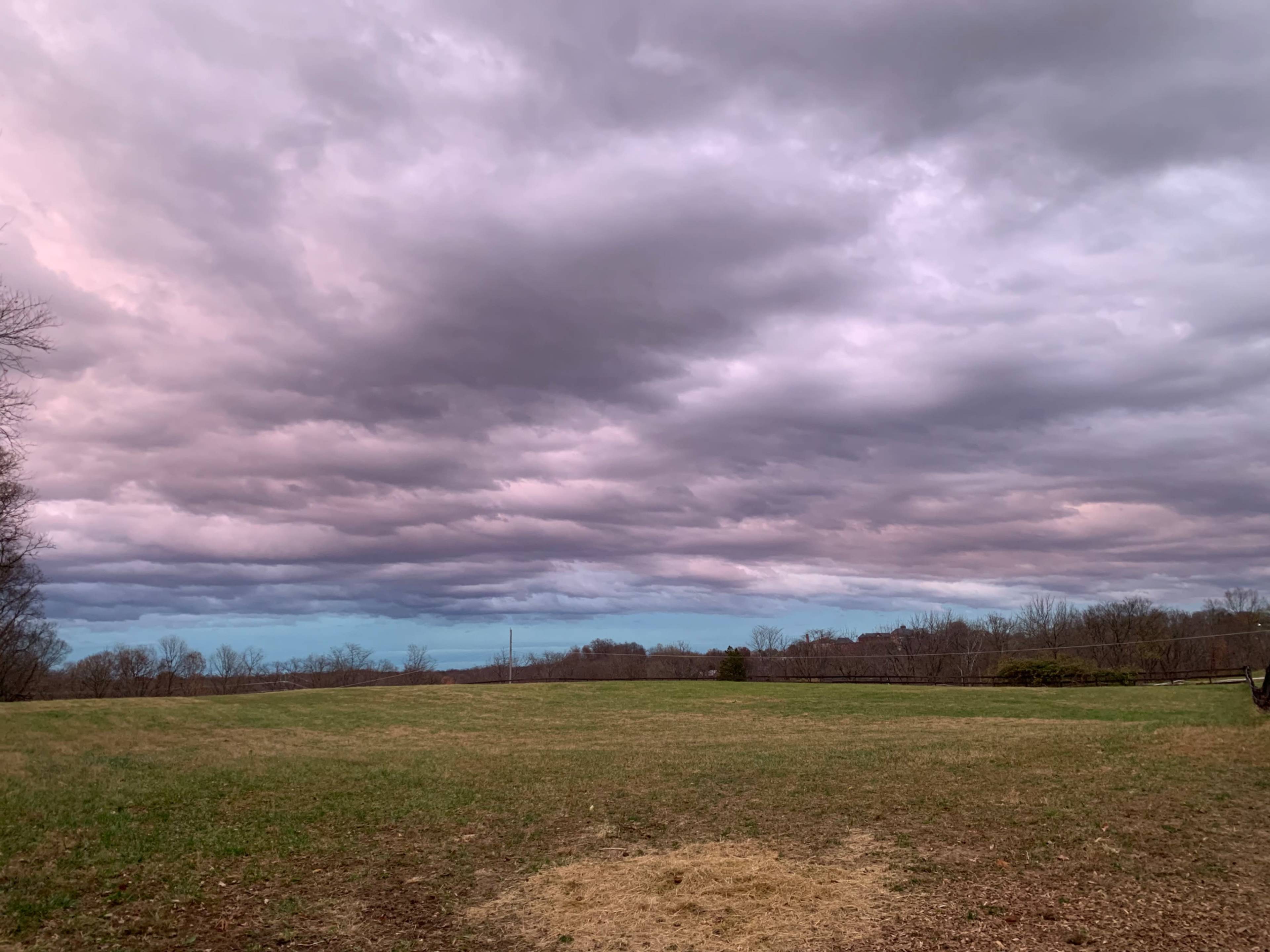 A wide, open field under a sky filled with layered clouds in shades of pink and gray.