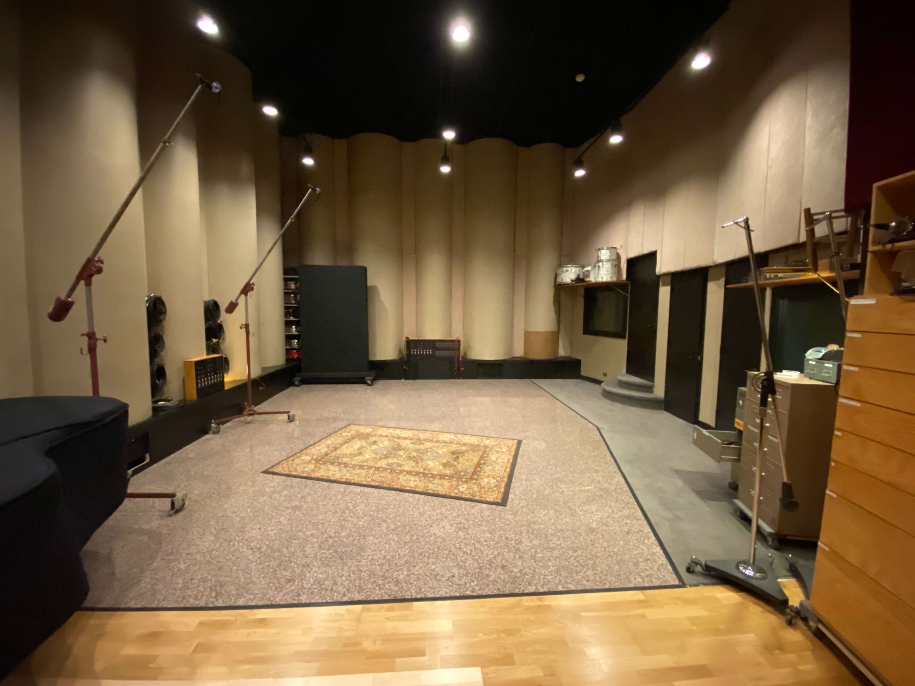 A spacious recording studio featuring sound-absorbing walls, microphones on stands, and a large area covered with a rug.
