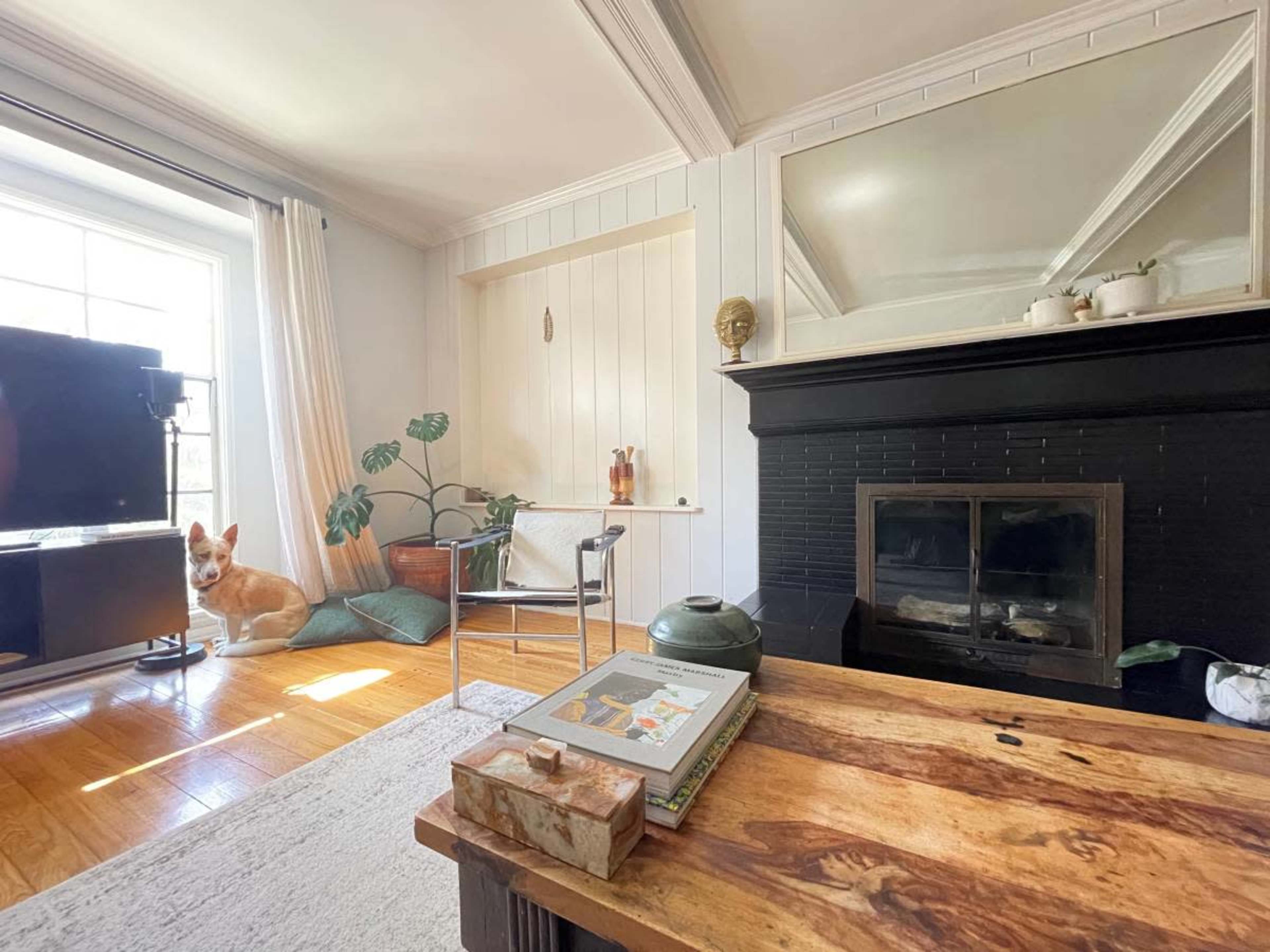 A cozy living room with a fireplace, a wooden coffee table, a chair, and a dog sitting near a window.