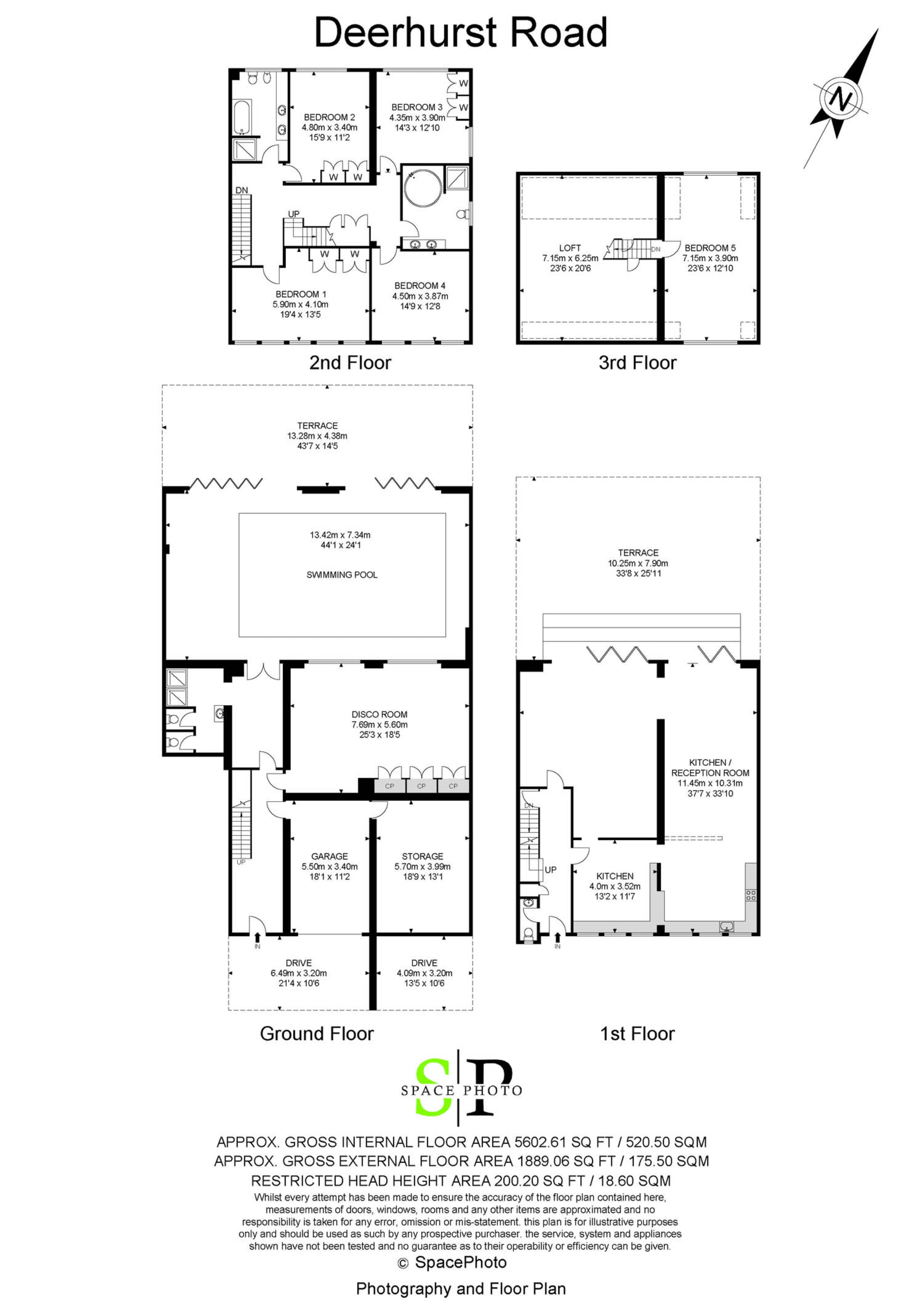 The image shows a detailed floor plan of a multi-level residential property on Deerhurst Road, including measurements for each floor.