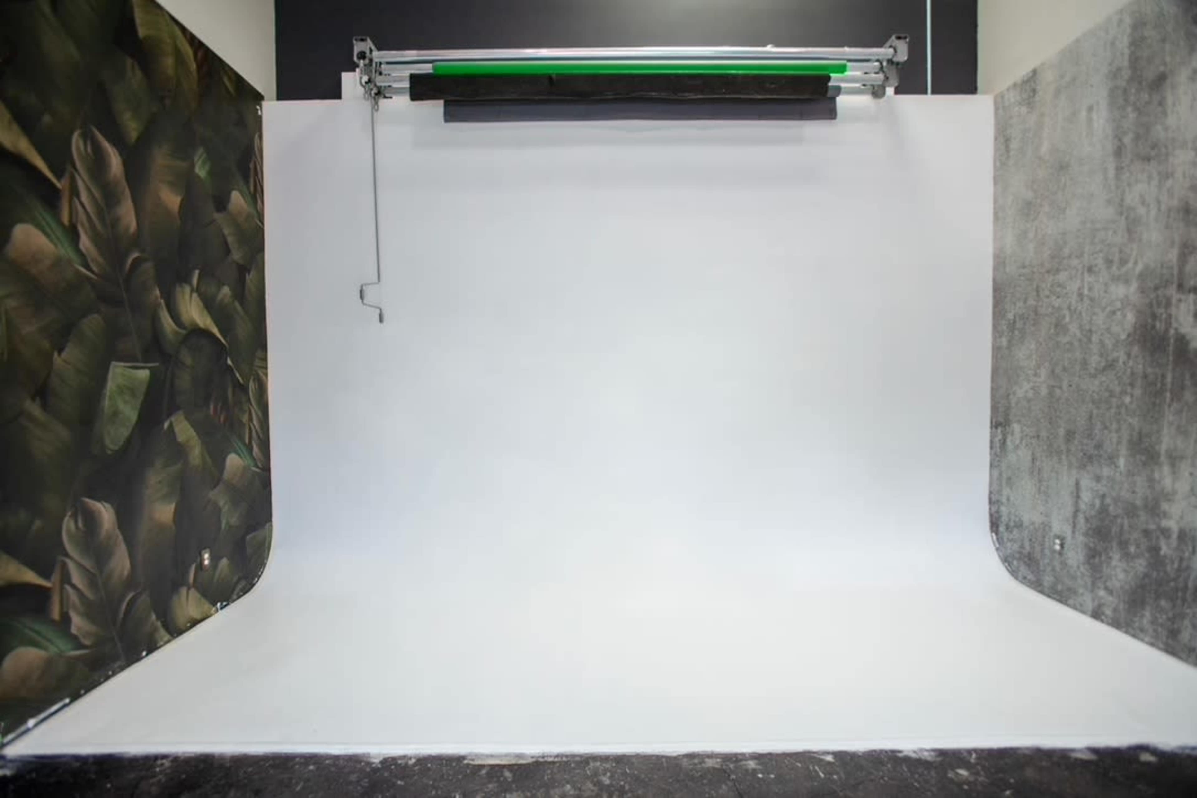 The image shows a photography studio with a white backdrop, one wall featuring a tropical leaf design, and another wall with a textured gray surface.