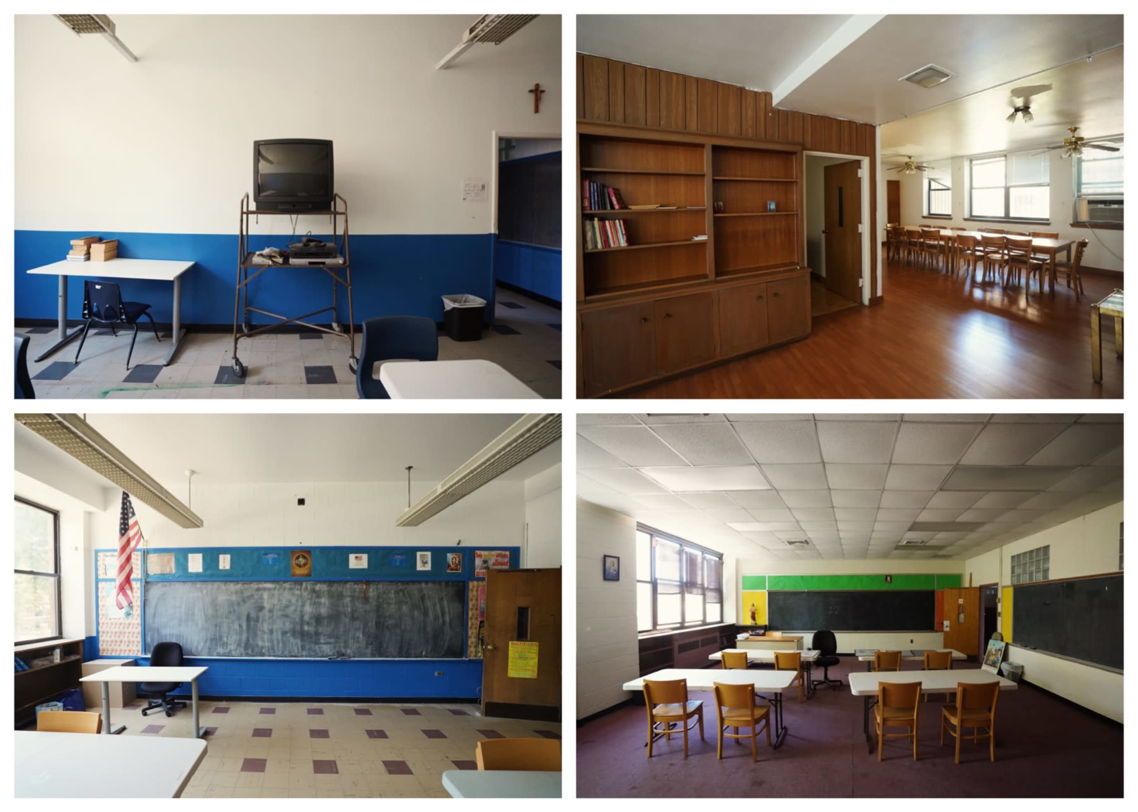 Four different classroom settings, each featuring desks, chairs, and educational wall displays.