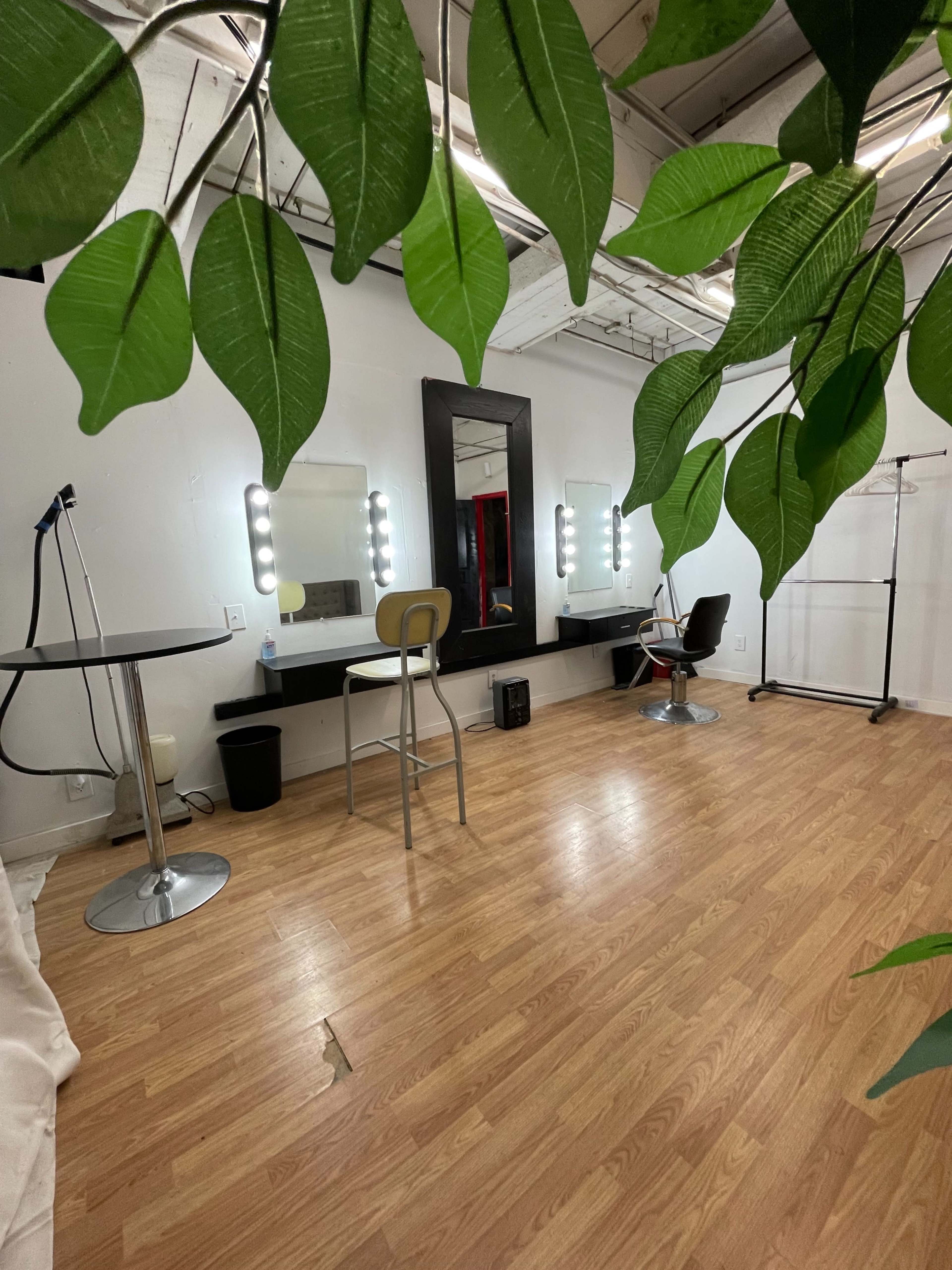 A room with two illuminated vanity mirrors, a tall bar stool, a black chair, and several plants, all within a space featuring wooden flooring.