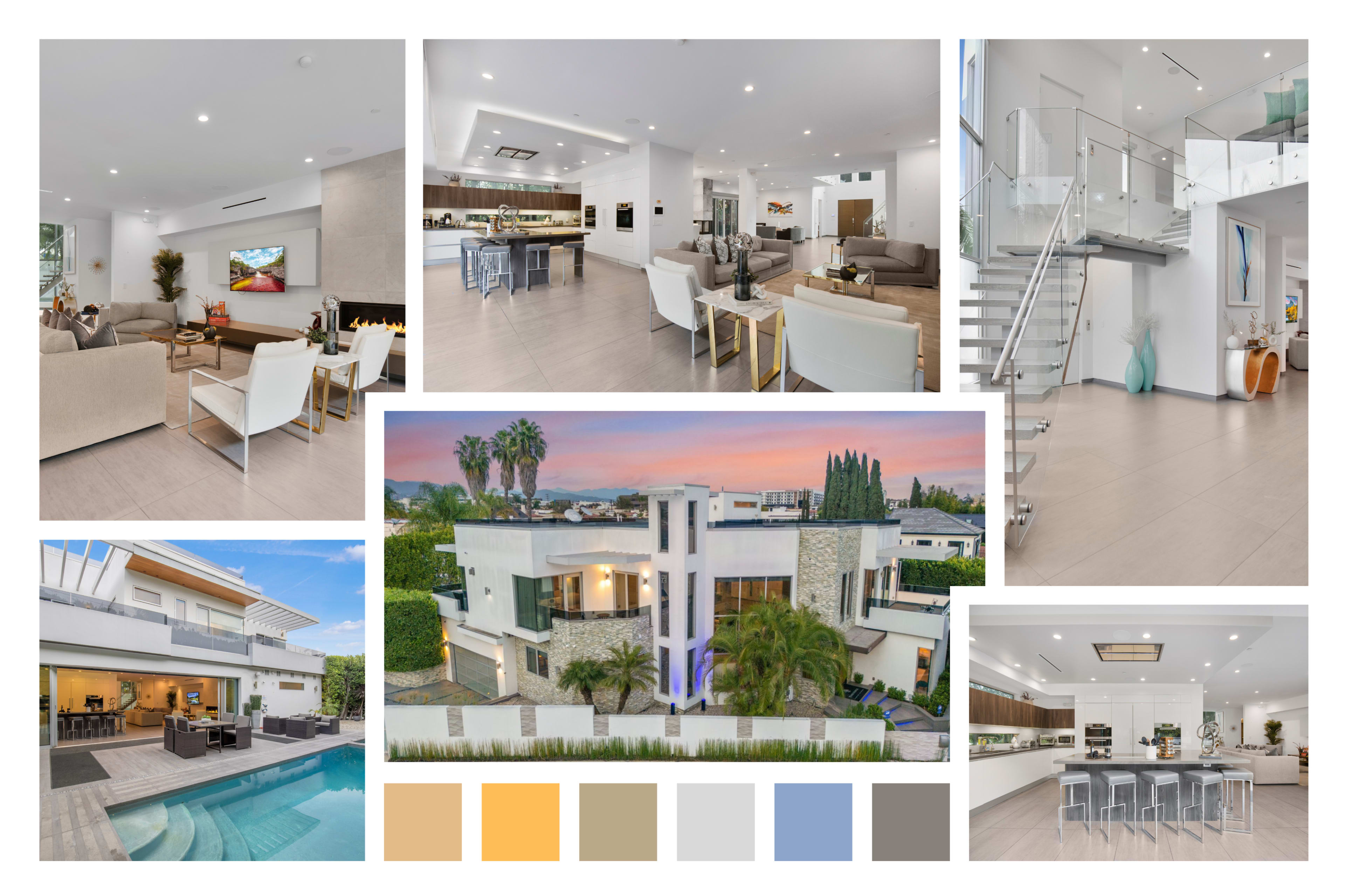 The image showcases a modern luxury home featuring various angles, including a spacious living area, a stylish kitchen, a dining space, and an outdoor pool area.