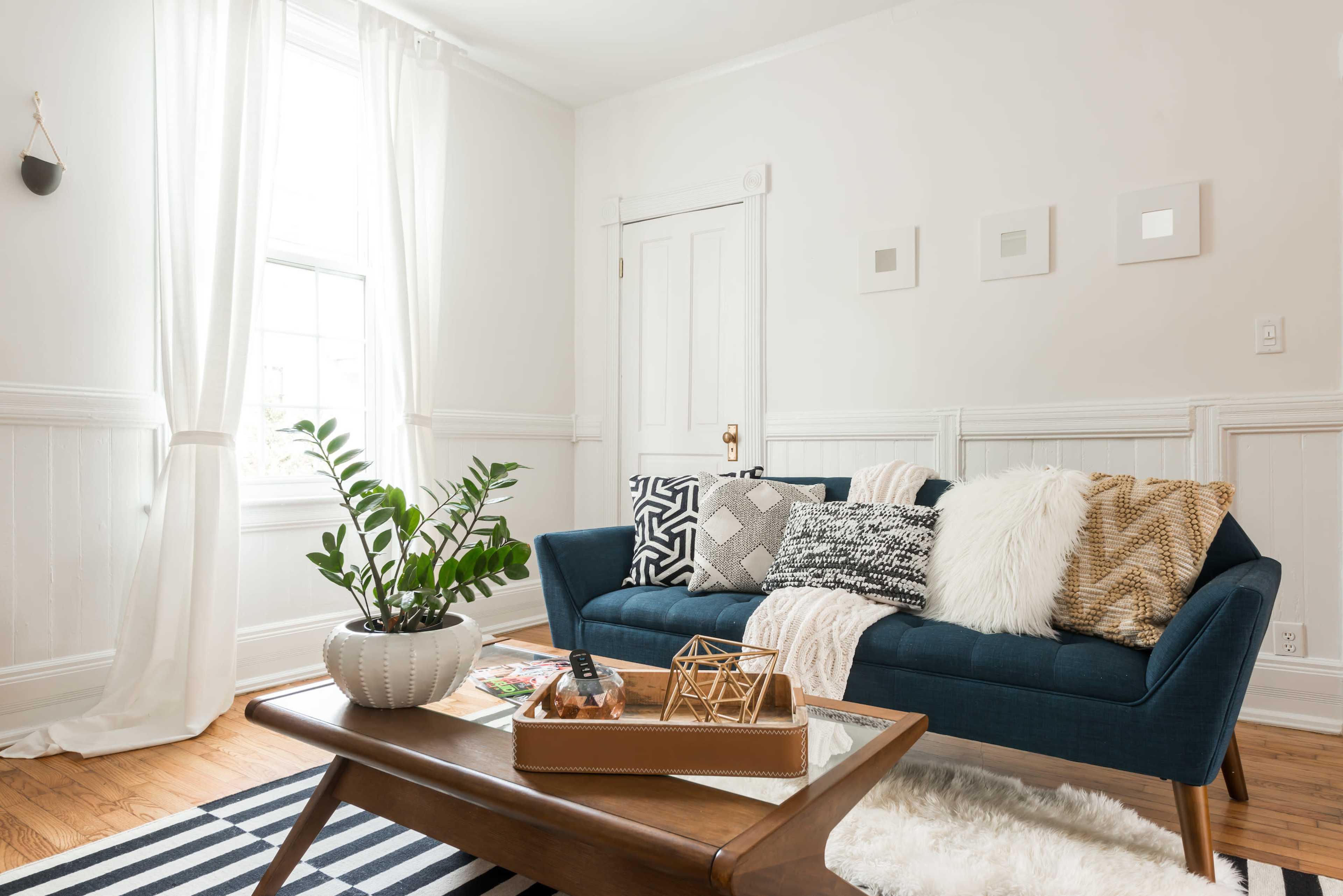 A modern living room features a blue sofa adorned with decorative pillows, a wooden coffee table, and houseplants, all set against white walls and natural light.
