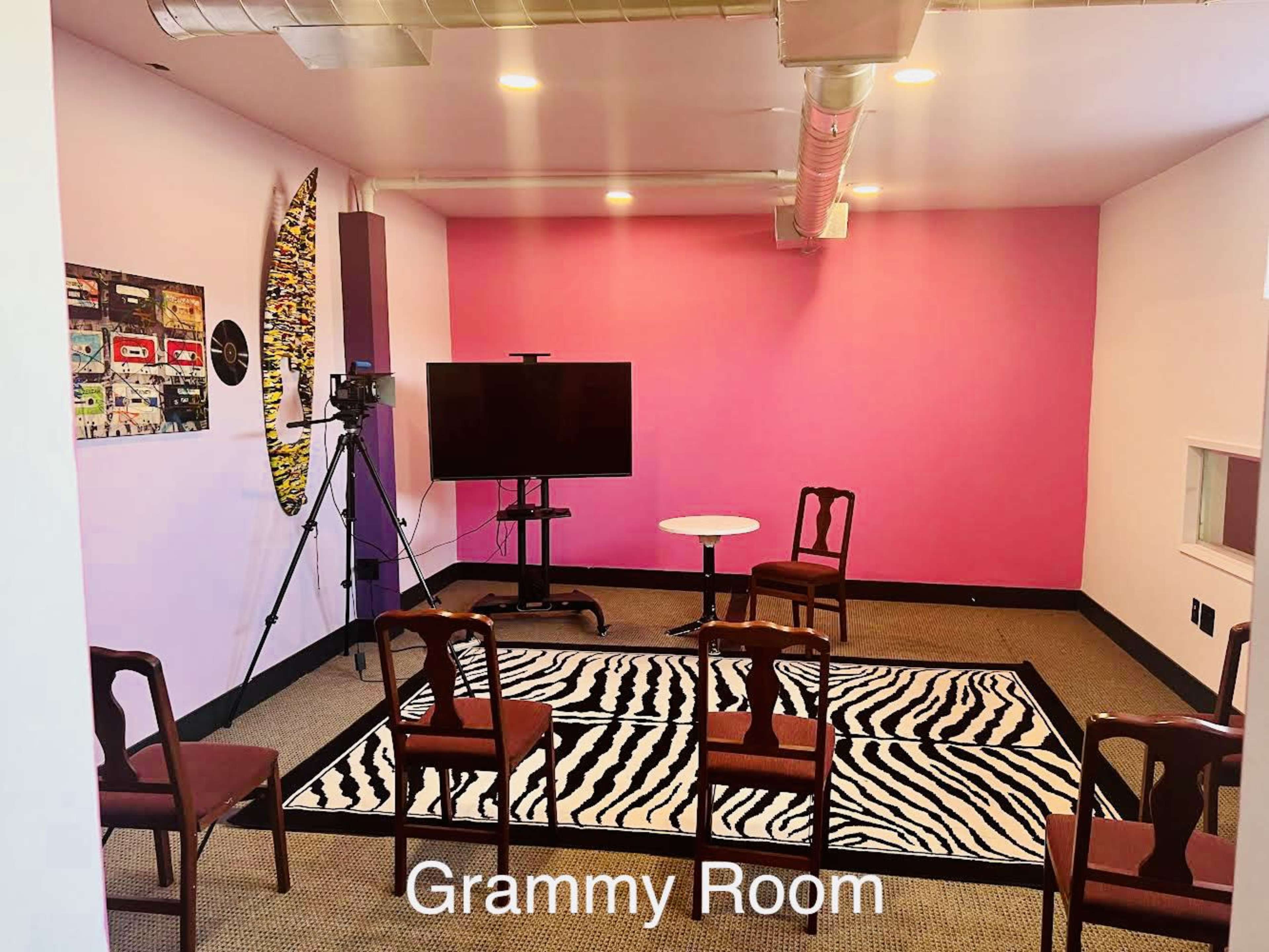 A room titled "Grammy Room," featuring a pink wall, a zebra-patterned rug, six wooden chairs arranged around a small table, and a television on a stand with a camera set up in the corner.