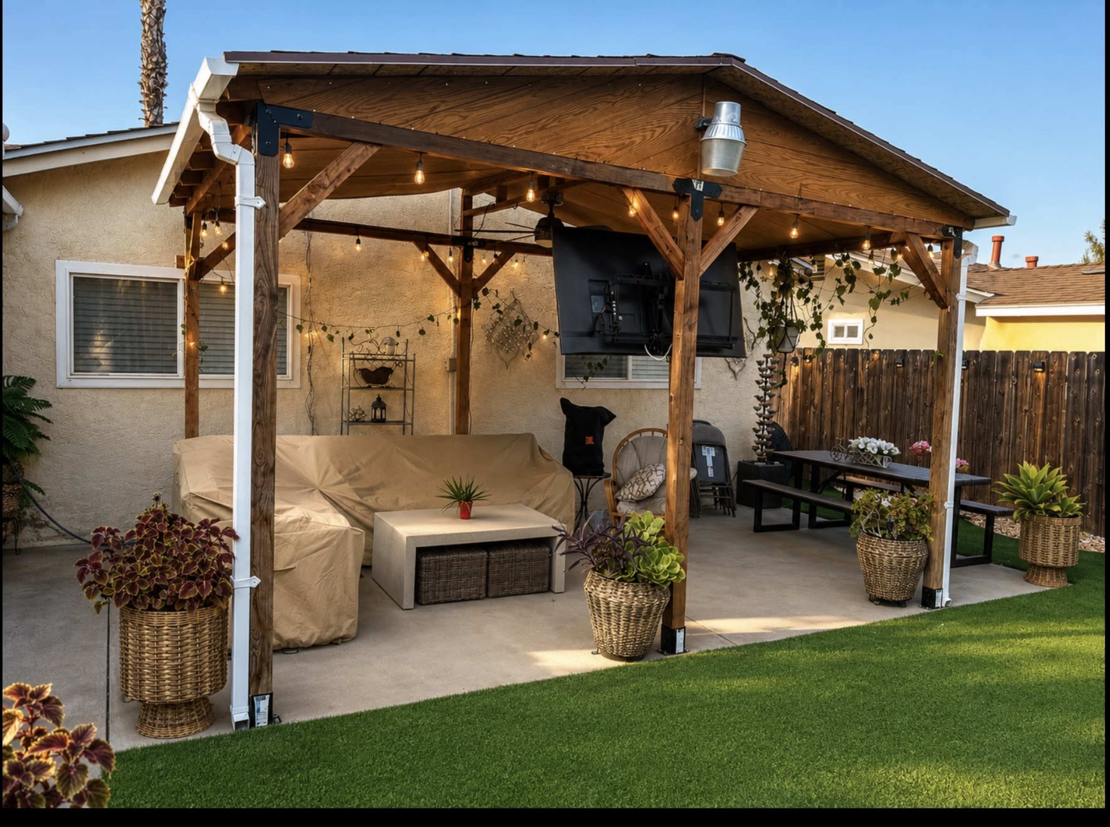 A wooden pergola with string lights houses a seating area, TV, and potted plants in a backyard setting.