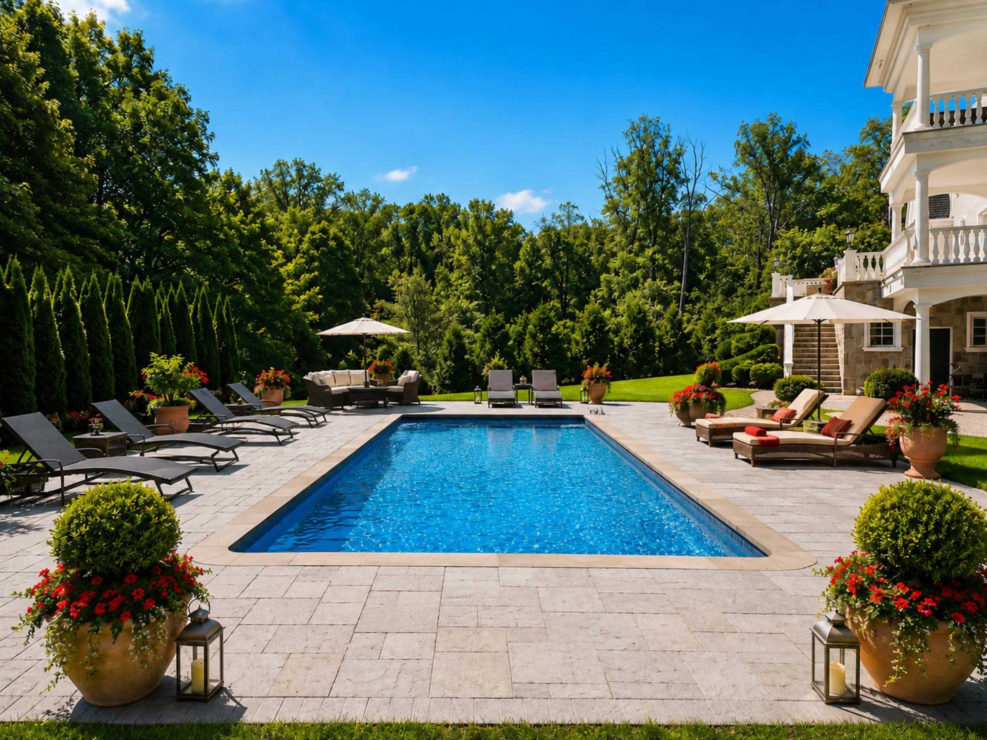 The image shows a luxurious pool area surrounded by lounge chairs, umbrellas, potted plants, and lush greenery.